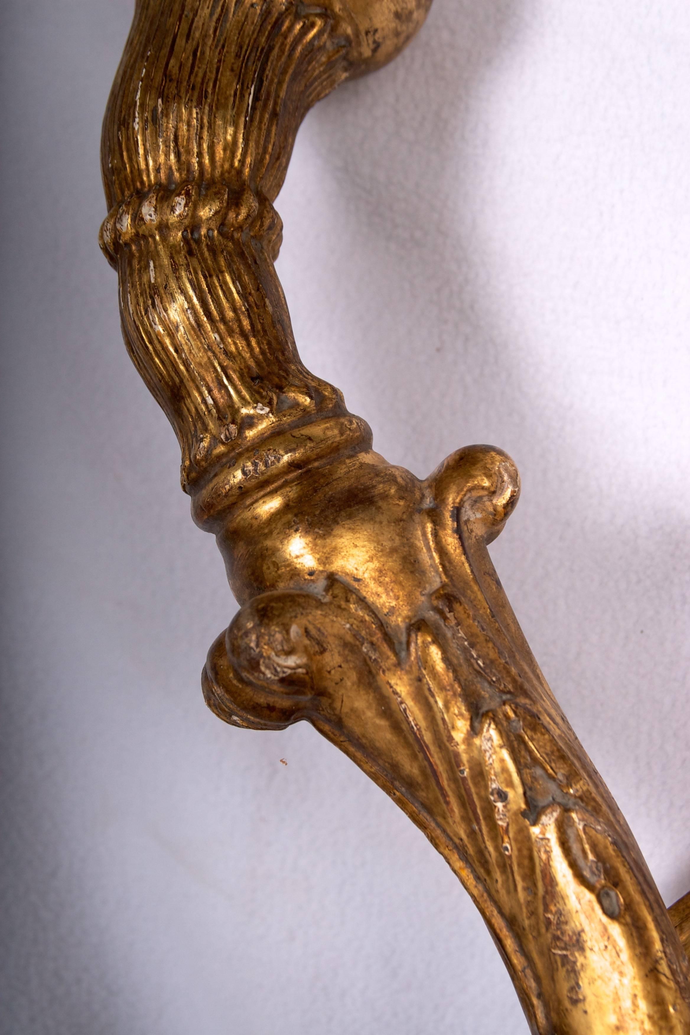 Baroque Style Carved and Gilded Two-Light Sconces/ pair In Good Condition In San Francisco, CA