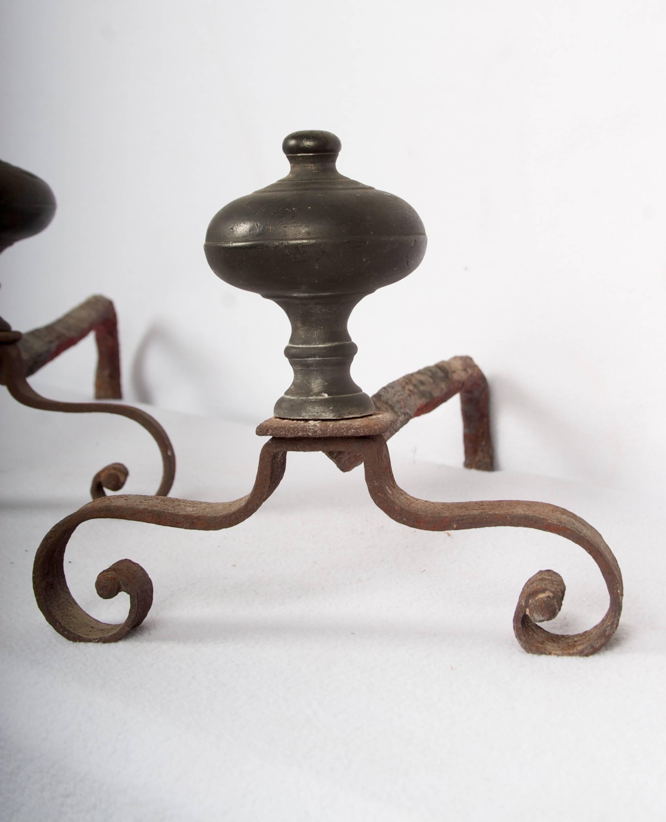 French Provincial Early 19th Century Hand-Forged Andirons with Lovely Patinated Turned Finial