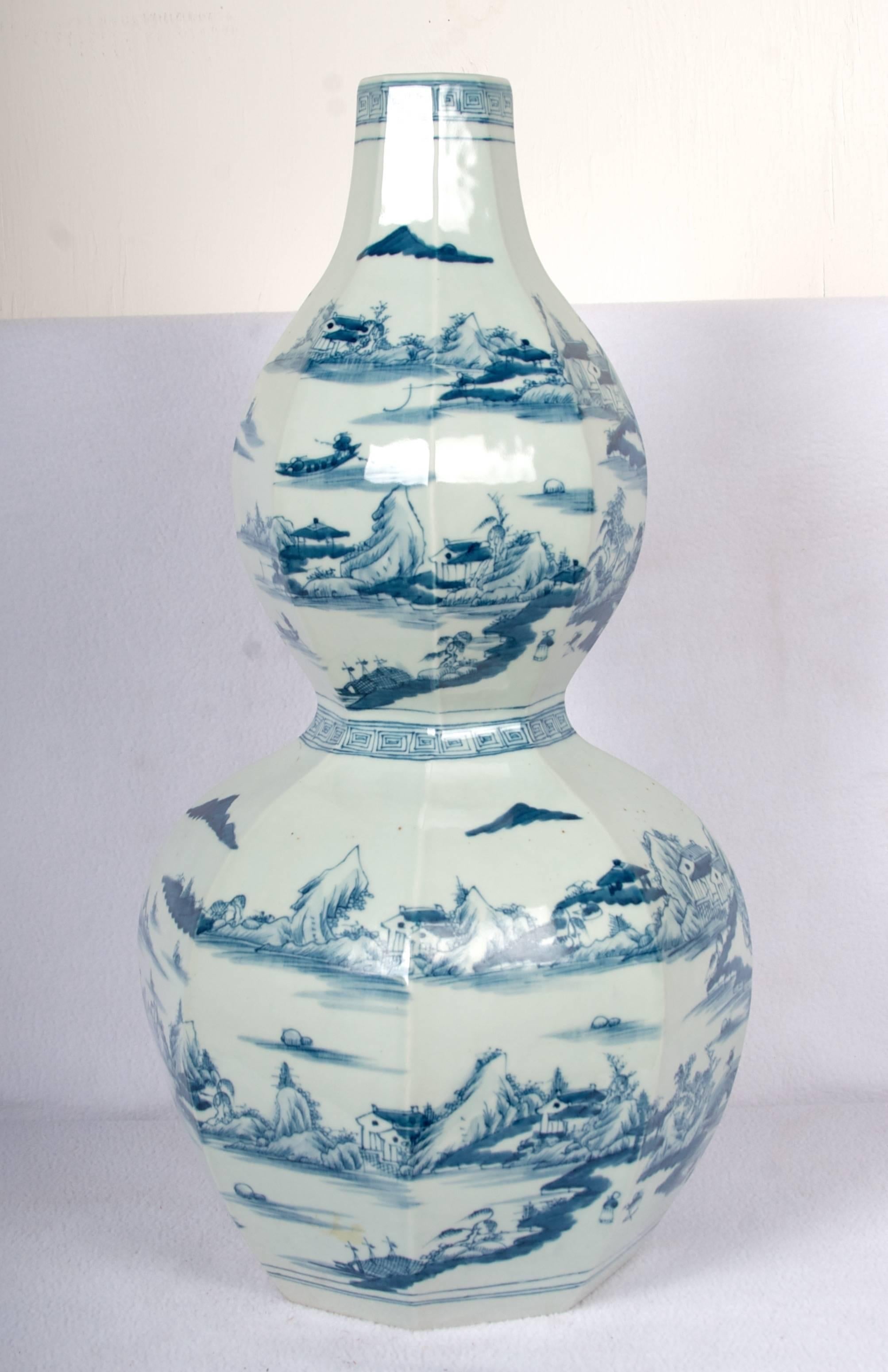 Meiji Octagon Double Gourd Shaped Blue and White Vase