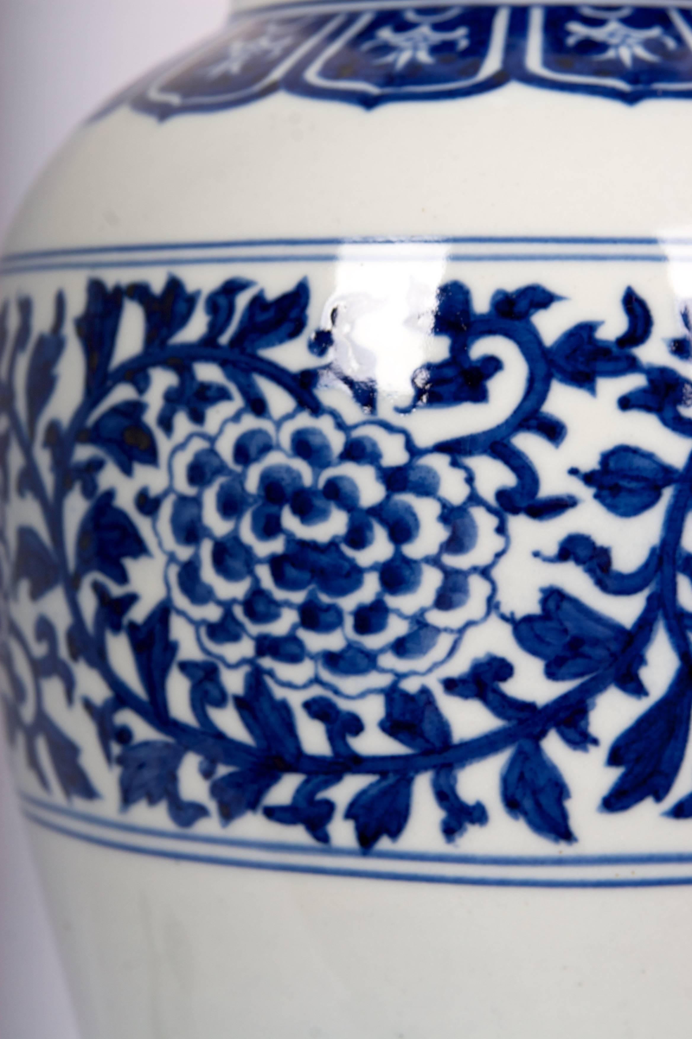Hand-Painted Blue and White Chrysanthemum Vase, Now a Fine Lamp
