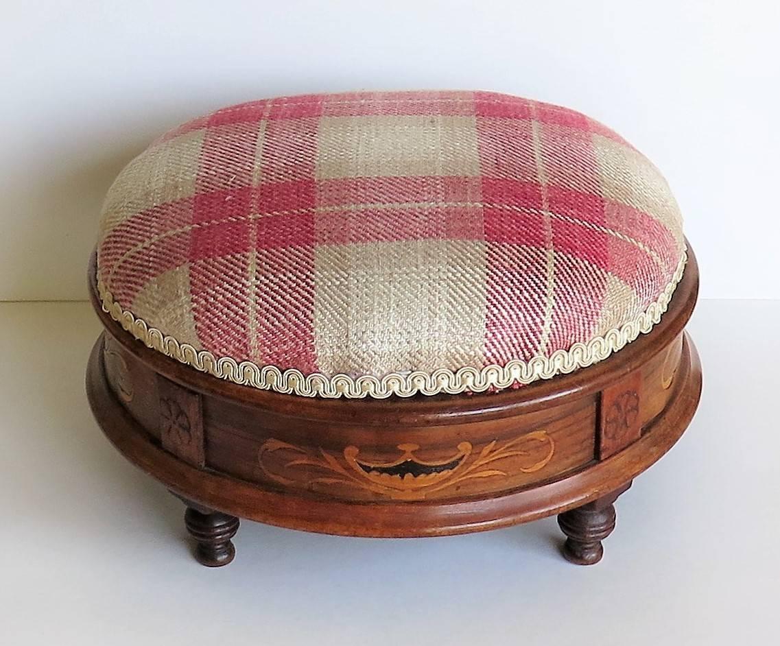 English Early Victorian Foot stool Walnut Marquetry Inlay Re-upholstered, Ca. 1845