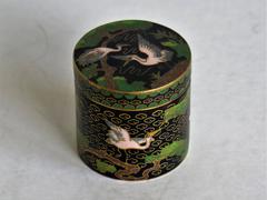 Small, Chinese Cloisonné Lidded Box, Pink Cranes or Herons in Trees, circa 1910
