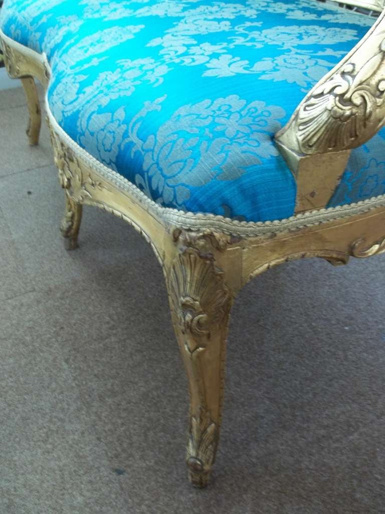 Damask Settee or Sofa in Louis XV Style Giltwood reupholstered, English circa 1850