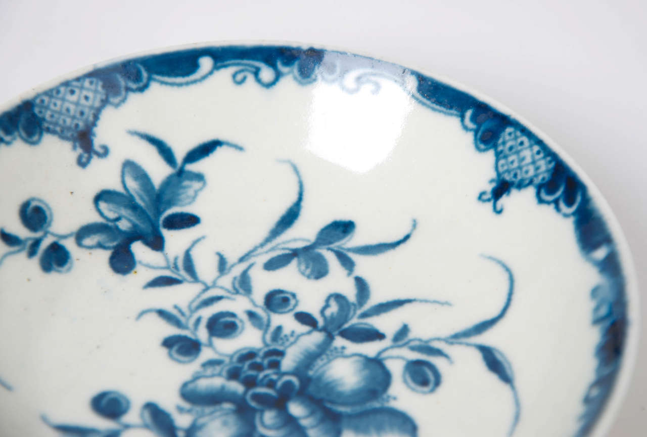 Hand-Painted First Period Worcester Porcelain Blue and White Tea Bowl and Saucer, Ca 1765