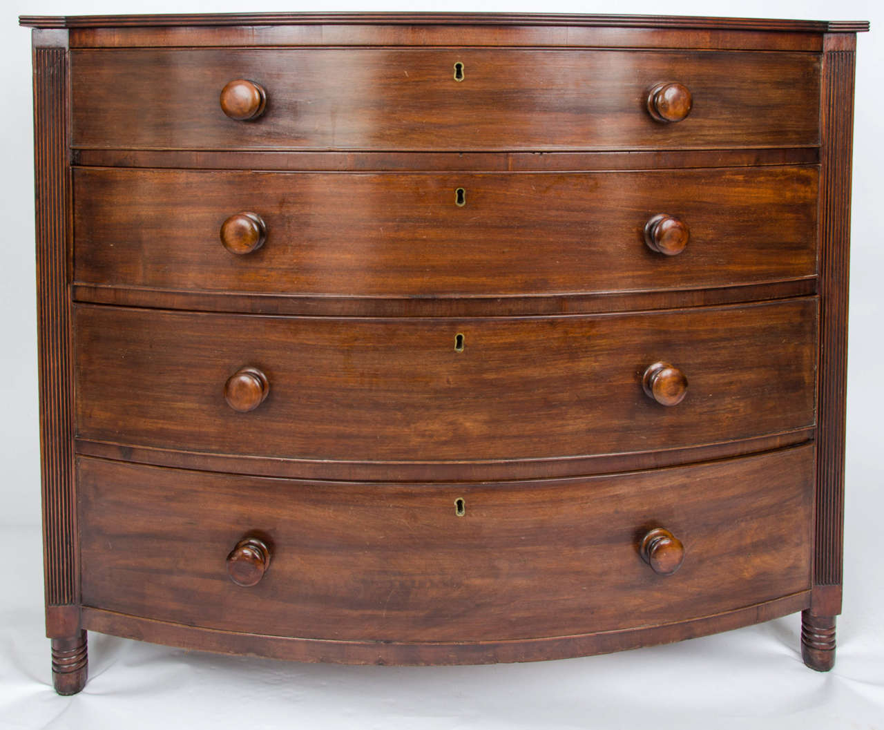 Walnut Georgian Regency Period Bow Fronted Chest with Reeded Detail, English circa 1825 For Sale