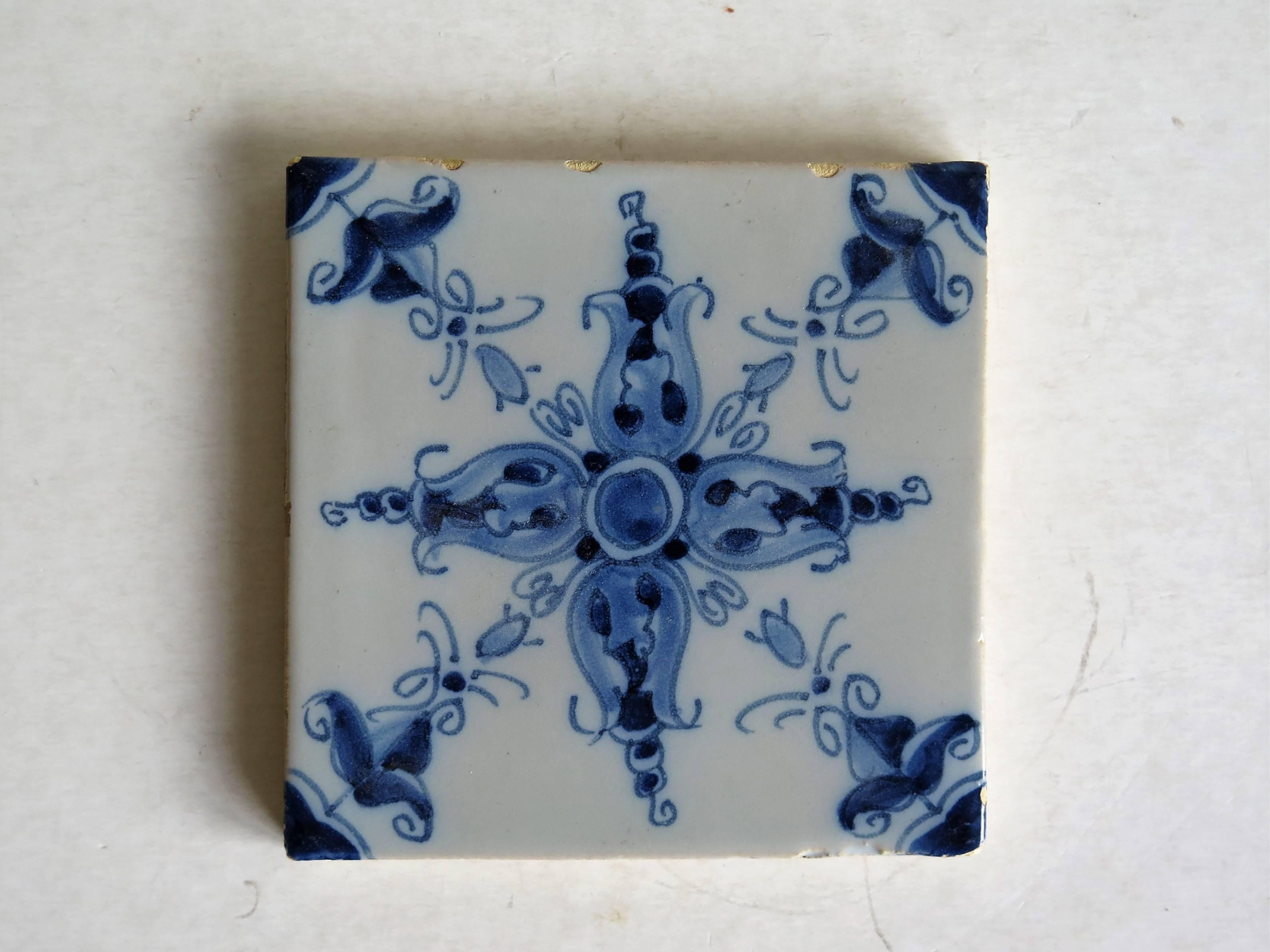 Two 19th Century Dutch Delft Ceramic Wall Tiles Hand Painted Floral Patterns 5