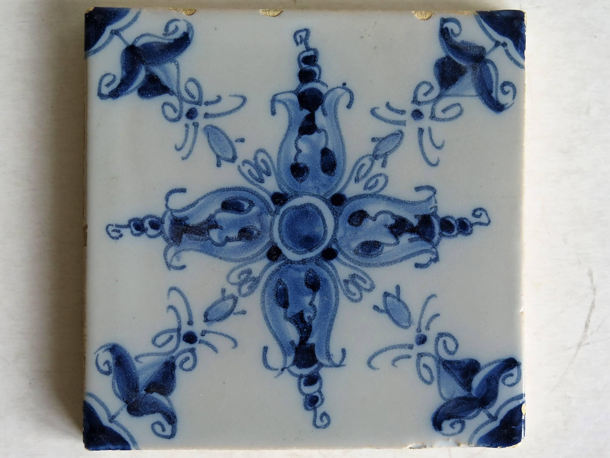 Two 19th Century Dutch Delft Ceramic Wall Tiles Hand Painted Floral Patterns 4