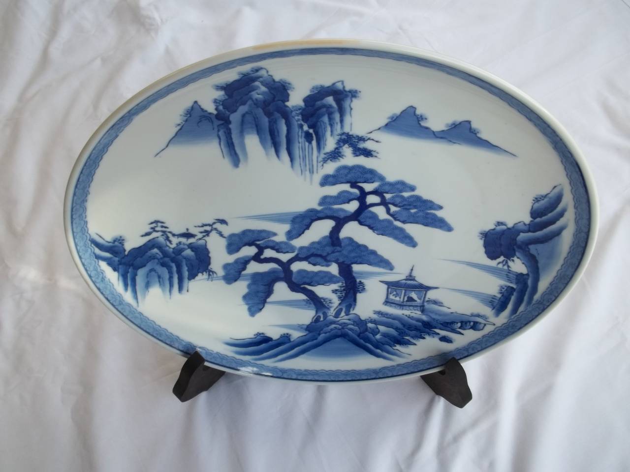Chinoiserie Large Japanese Blue and White Charger Plate Porcelain, Signed