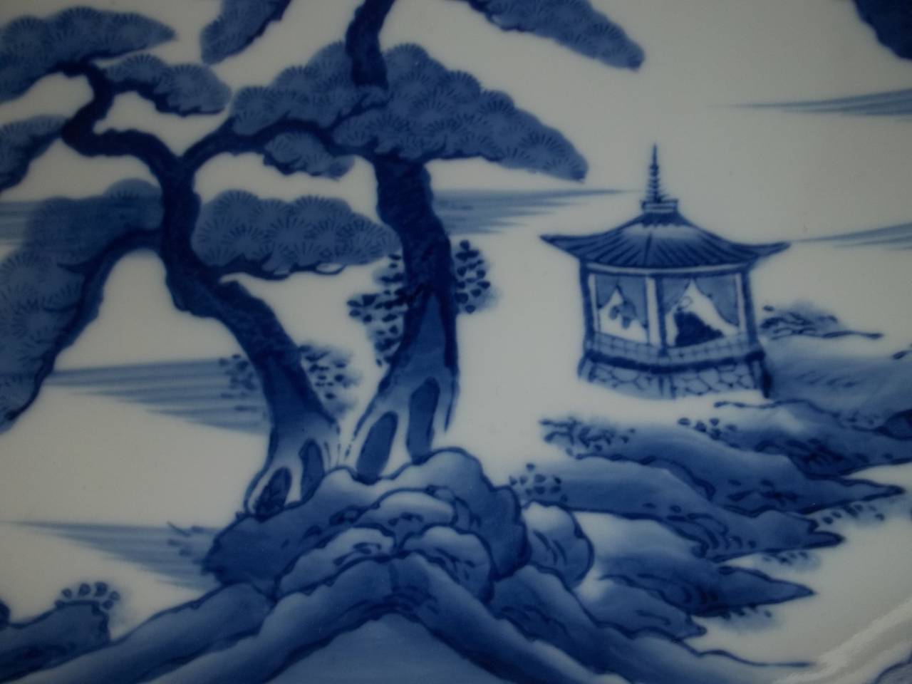 Glazed Large Japanese Blue and White Charger Plate Porcelain, Signed