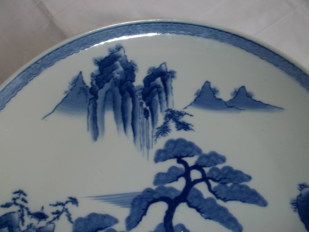 20th Century Large Japanese Blue and White Charger Plate Porcelain, Signed