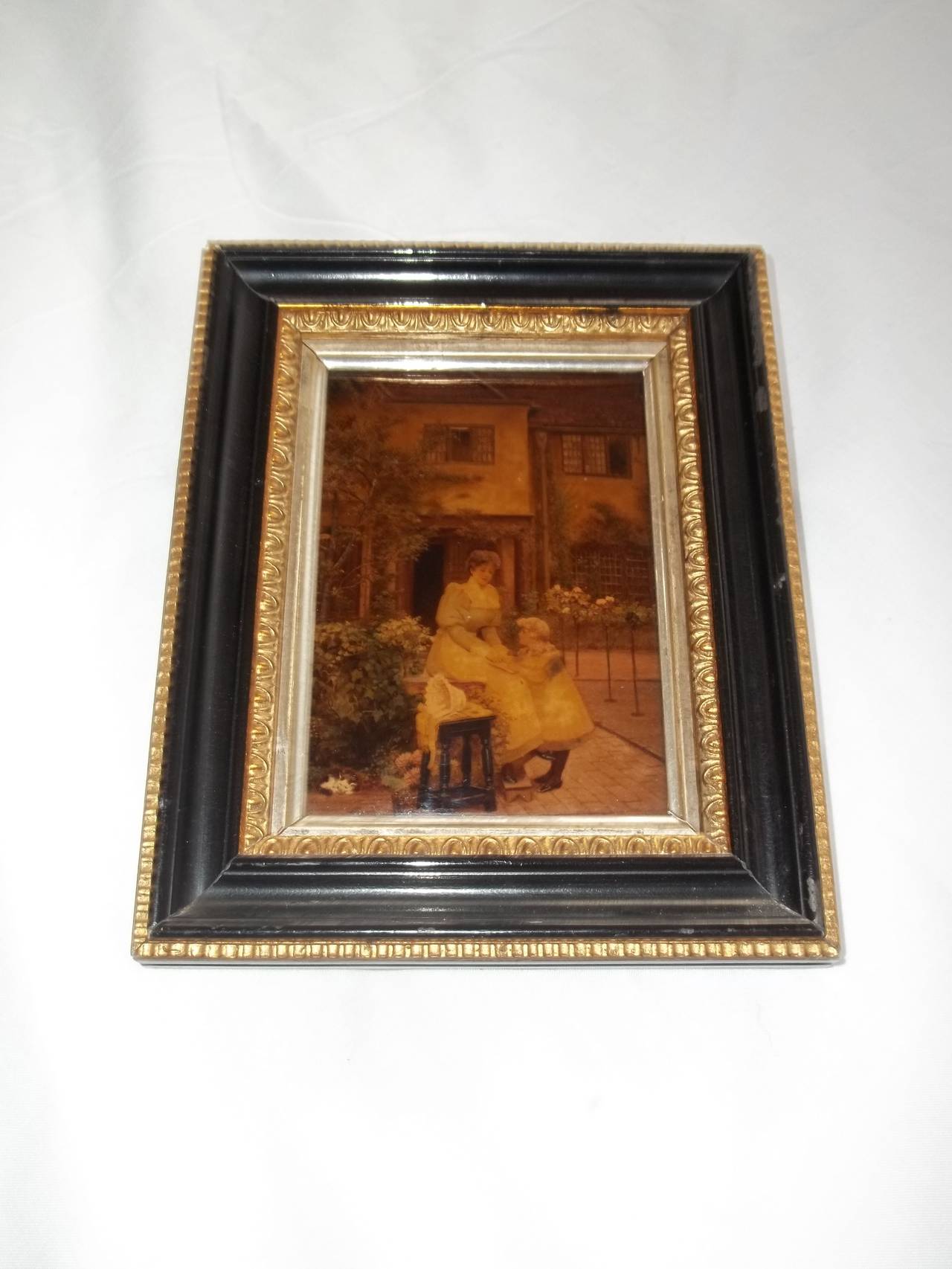 British Victorian Crystoleum Picture of Mother and Child in Original Frame, circa 1890 For Sale
