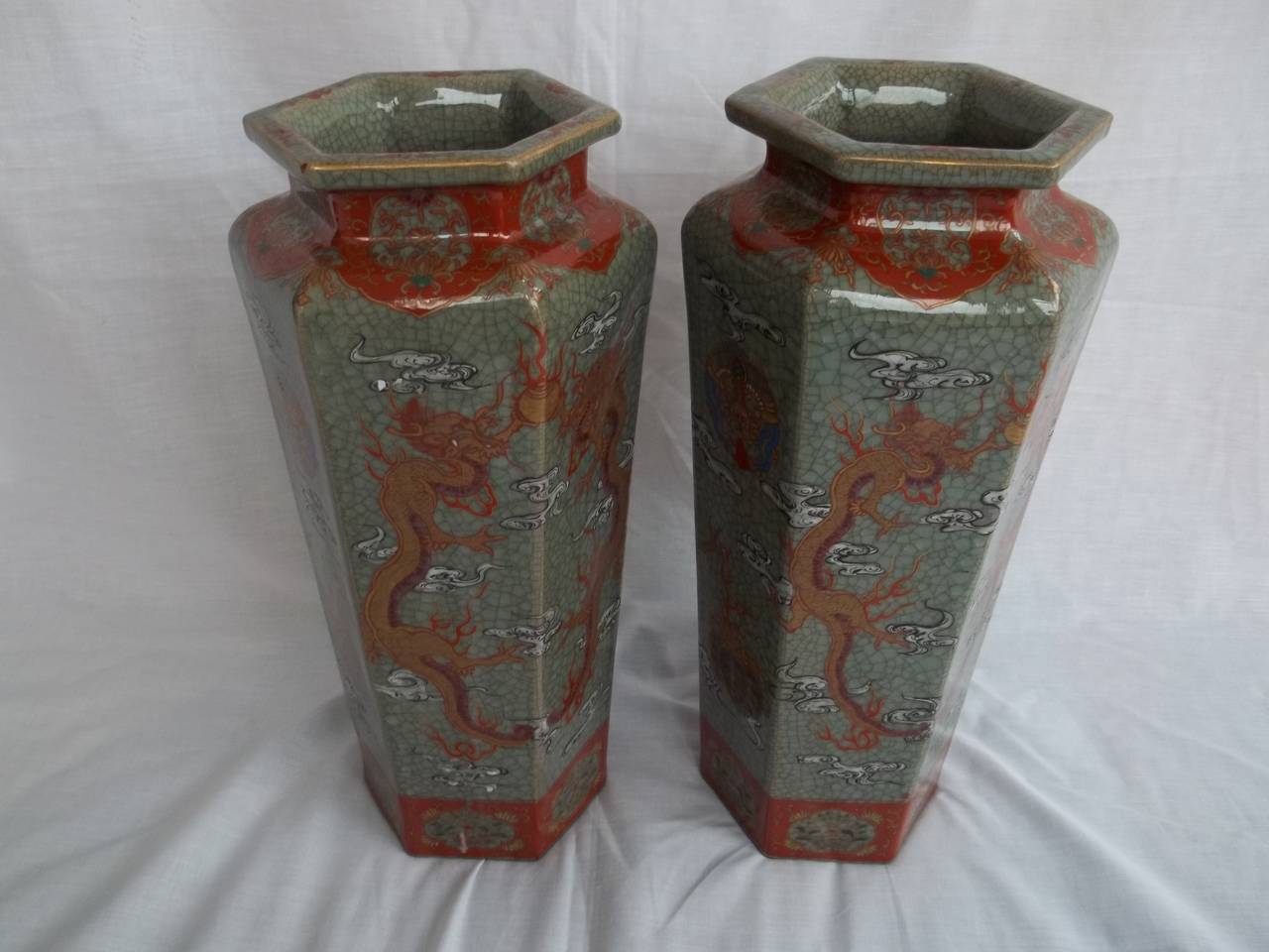 Hand-Painted Large PAIR of Chinese Vases porcelain hand painted dragons, Qing circa 1900