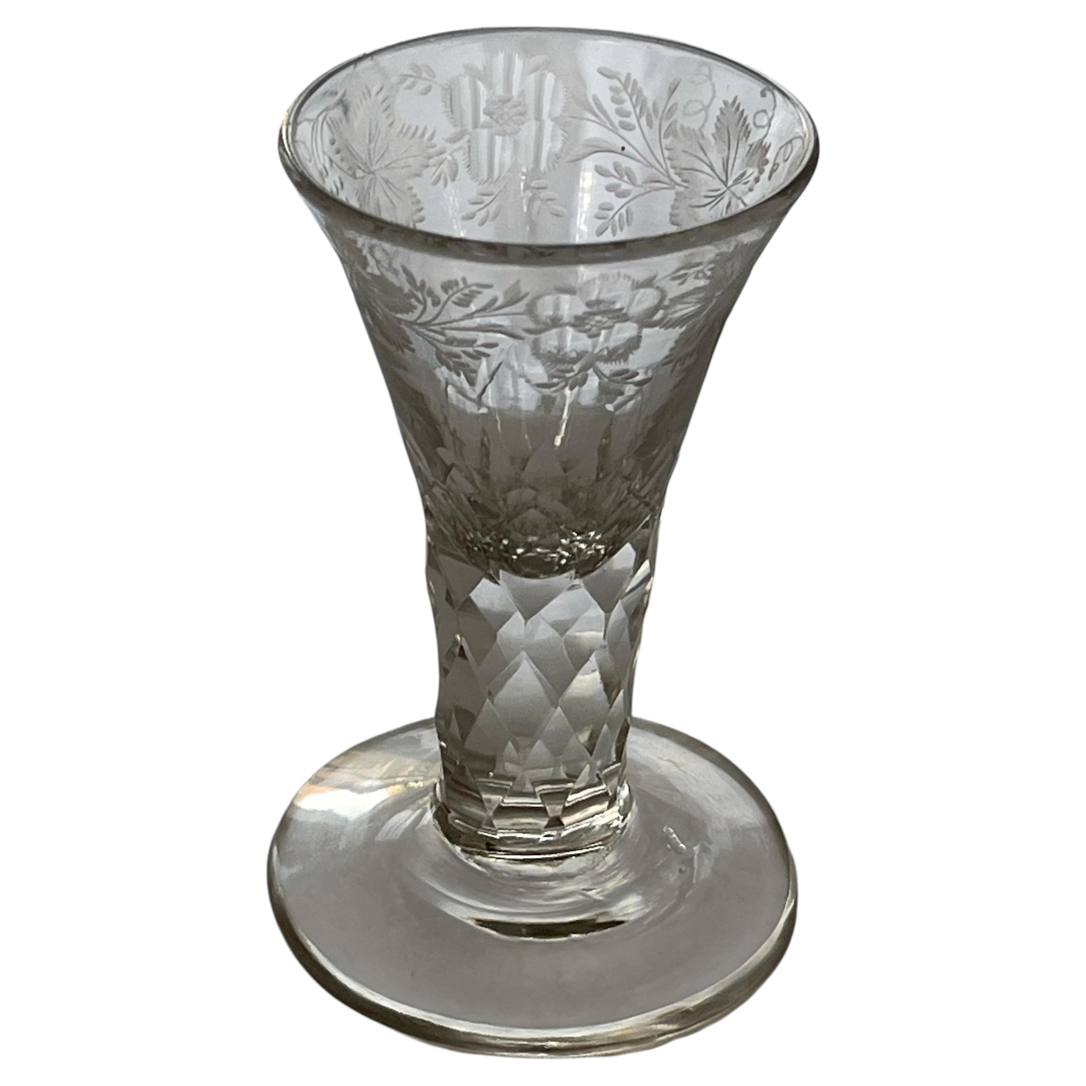Hand Blown Jacobite Firing Drinking Glass, Engraved Roses, Circa 1785 For Sale