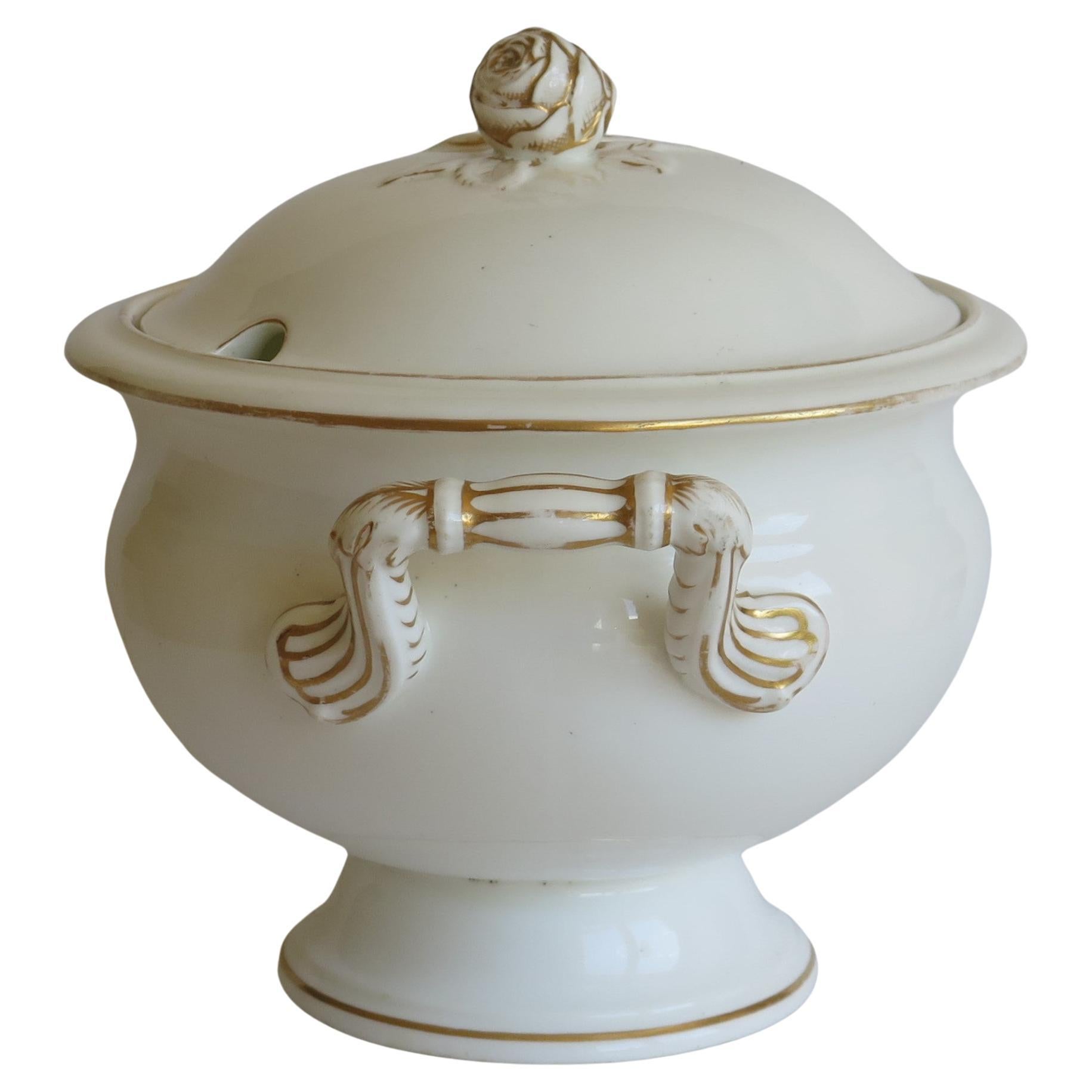 Large 19th Century Porcelain Tureen Gilded Moulded Handles & Rose Knop to Lid For Sale
