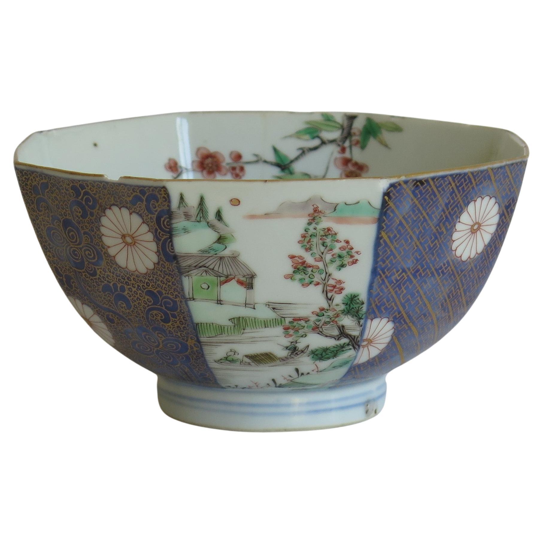 This is a beautiful Chinese export porcelain octagonal footed bowl that we date to the early 18th Century Qing period, circa 1720, either Kangxi or Yongzheng periods.

This bowl is octagonal in shape, well potted on a fairly tall foot. The glaze is