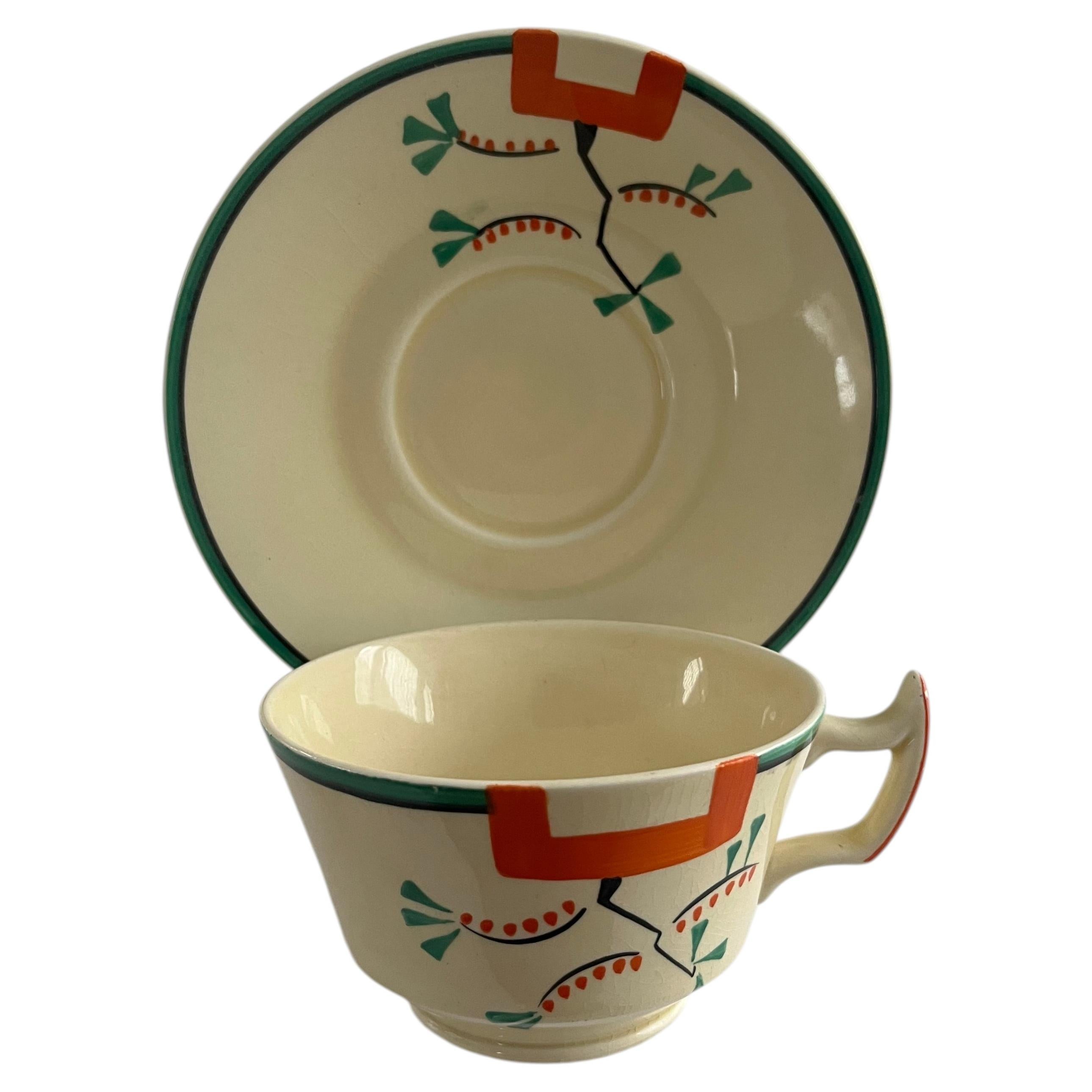 Clarice Cliff Cup and Saucer Duo Ravel Pattern Athens Shape, Art Deco circa 1936