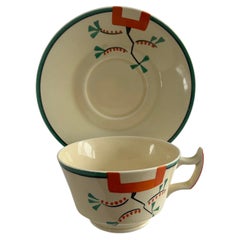 Tazza e piattino Clarice Cliff Duo Ravel Pattern Athens Shape, Art Deco circa 1936