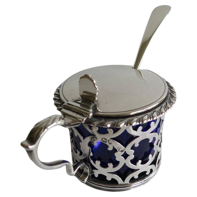 Sterling Silver Pierced Mustard Pot and Spoon, English 19th C. 1845 and 1800  For Sale