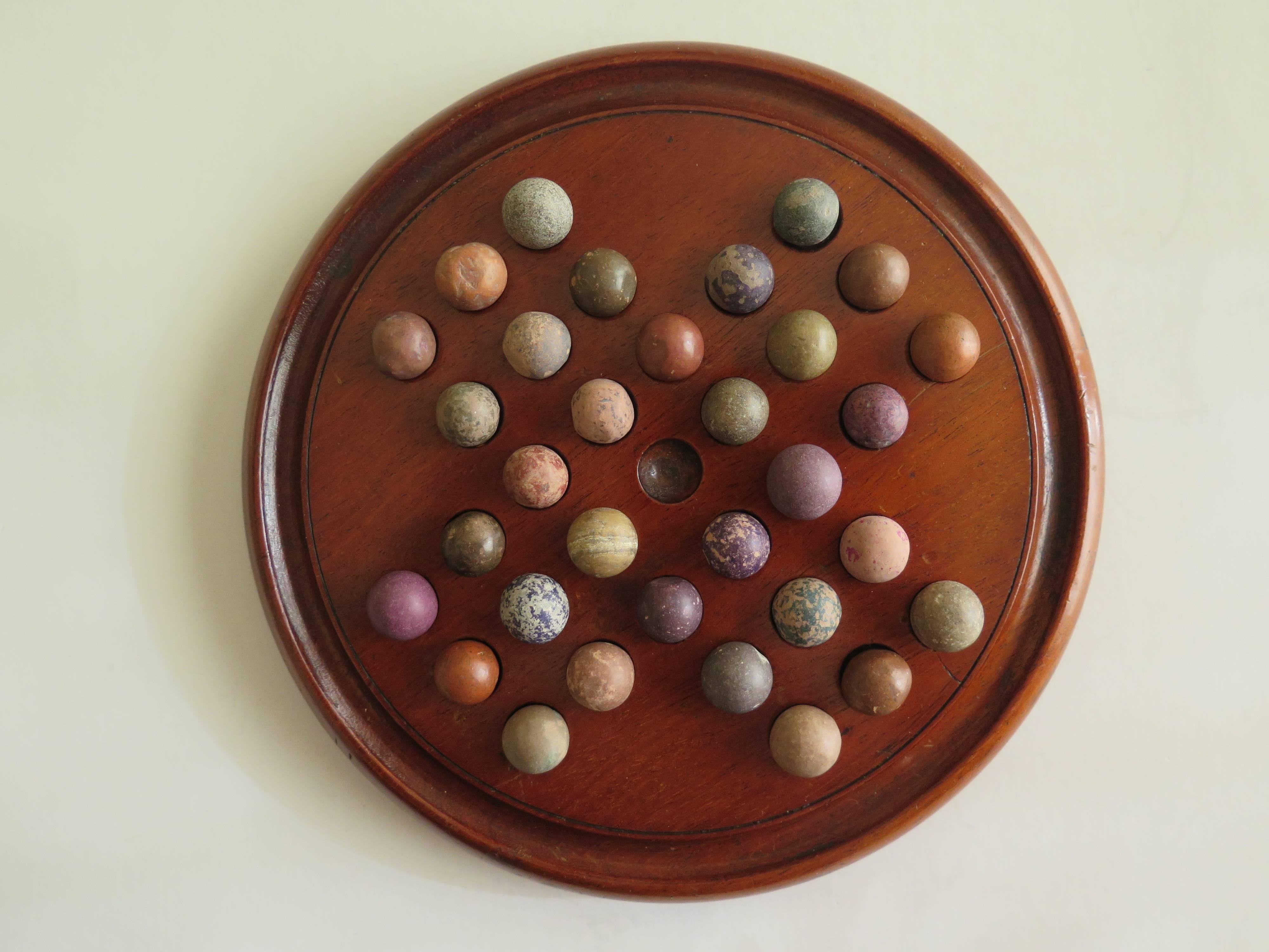 Hand-Crafted 19th Century, Solitaire Marble Board Game, with 32 Handmade Marbles, circa 1880