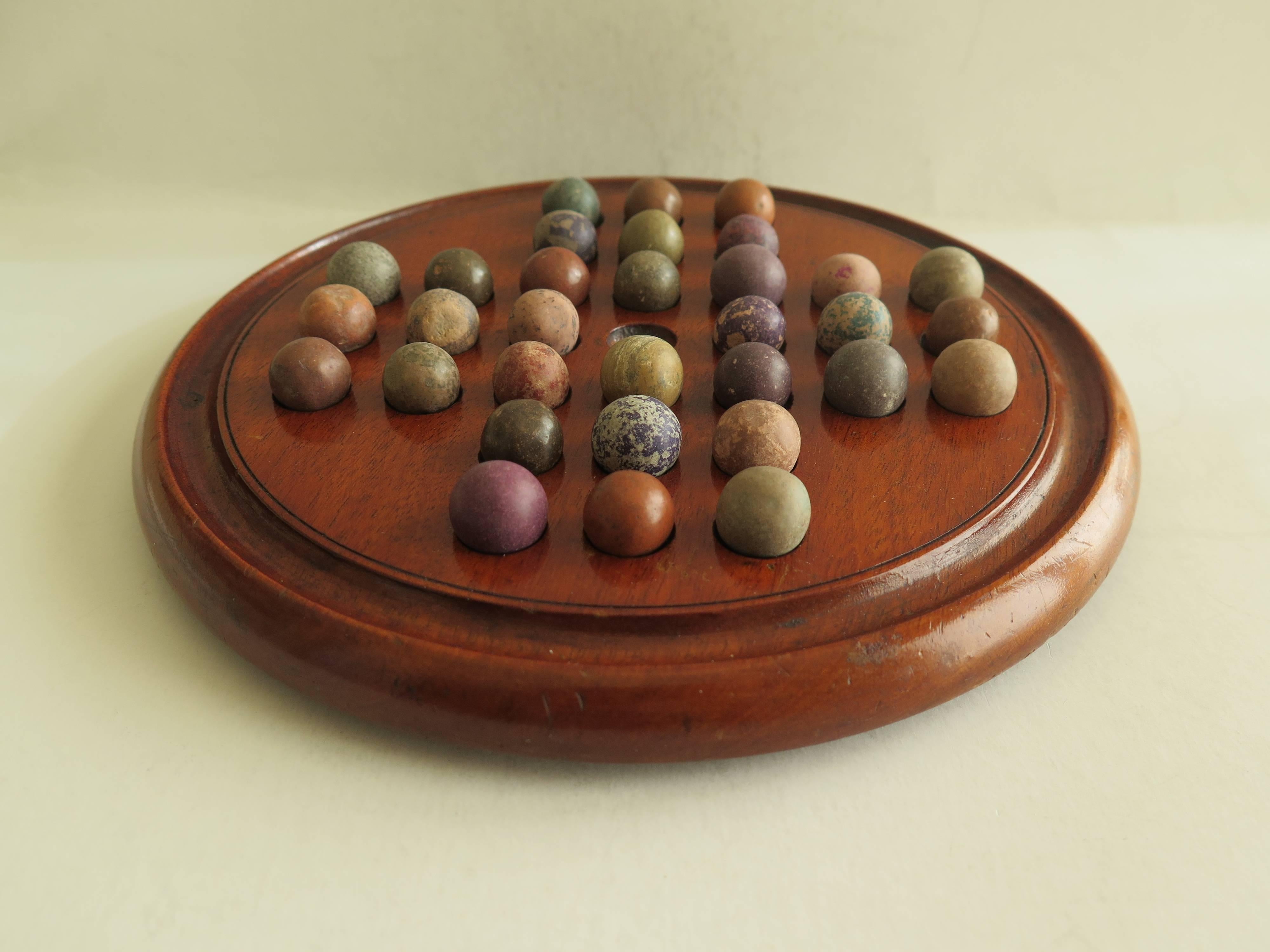 Clay 19th Century, Solitaire Marble Board Game, with 32 Handmade Marbles, circa 1880