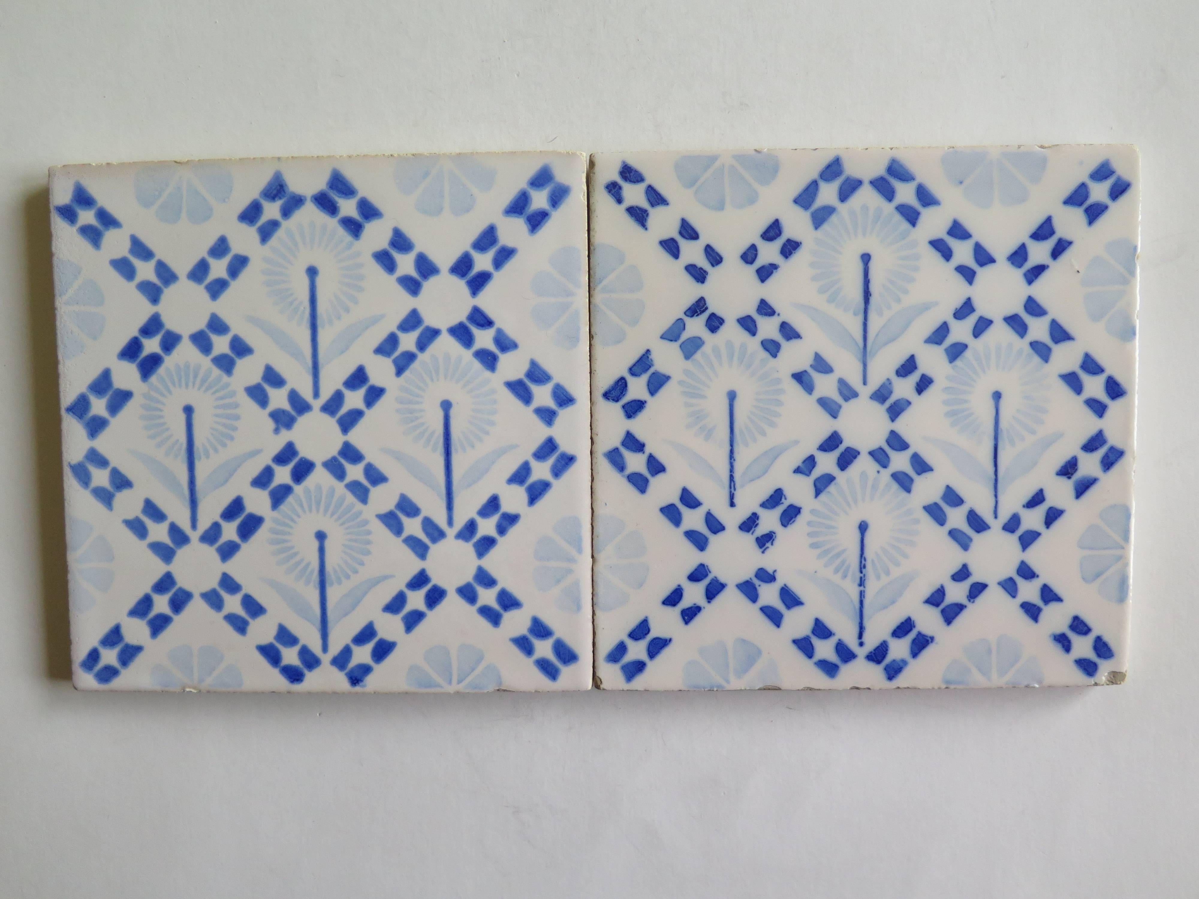 Glazed Four Art Deco Period Ceramic Wall Tiles Blue and White, Dutch, circa 1930