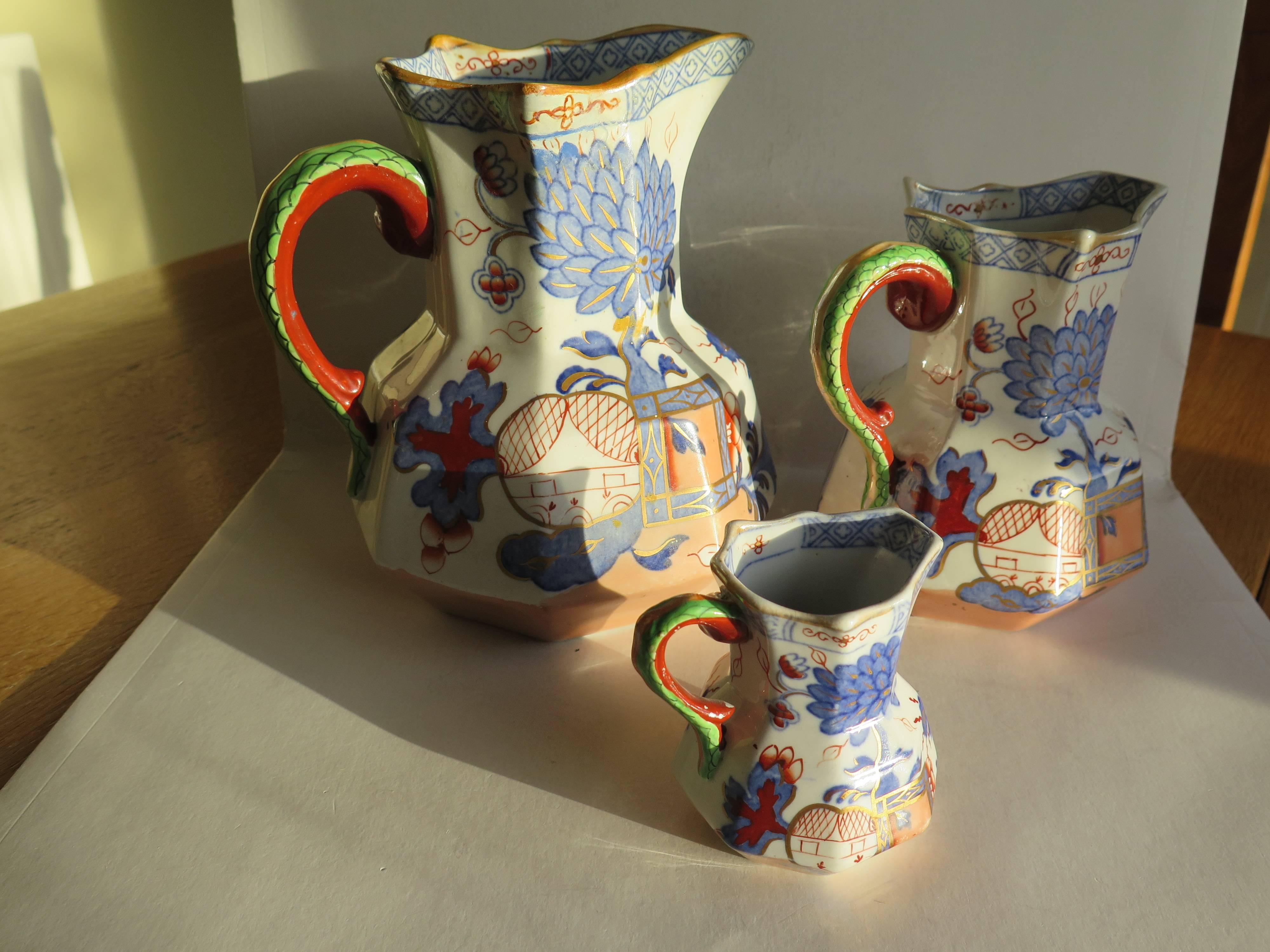Hand-Painted 19th Century TRIO of Mason's Iron Stone Jugs or Pitchers, 