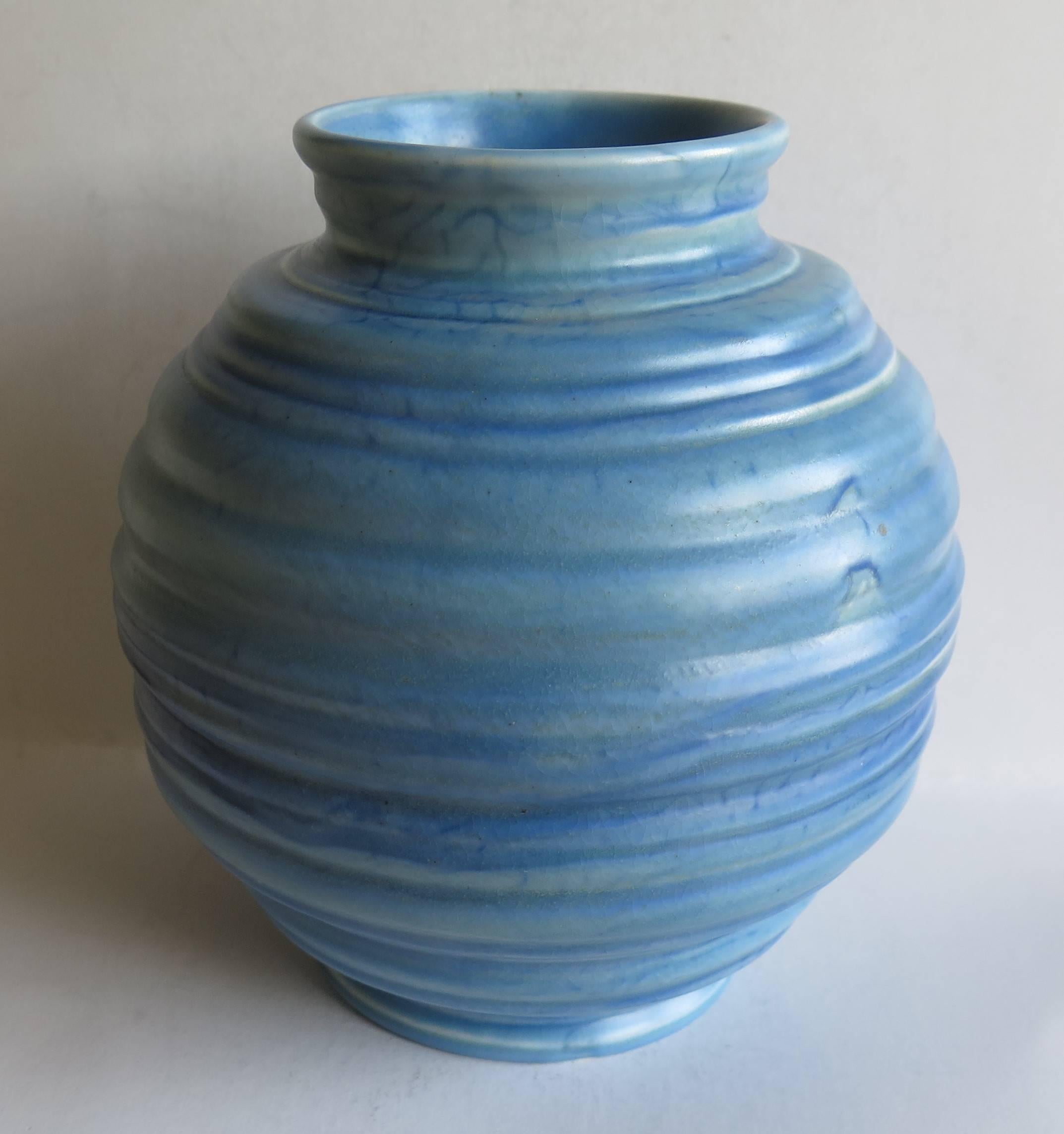 English Art Deco, Carlton Ware, Coiled Spherical Vase, blue Earthenware , circa 1930