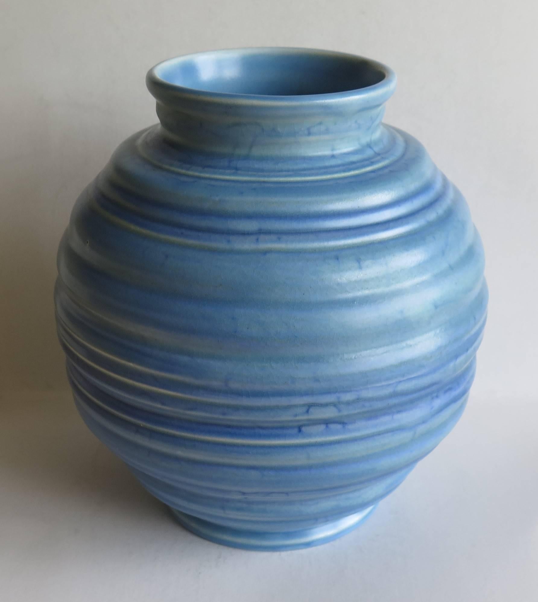 Art Deco, Carlton Ware, Coiled Spherical Vase, blue Earthenware , circa 1930 In Excellent Condition In Lincoln, Lincolnshire