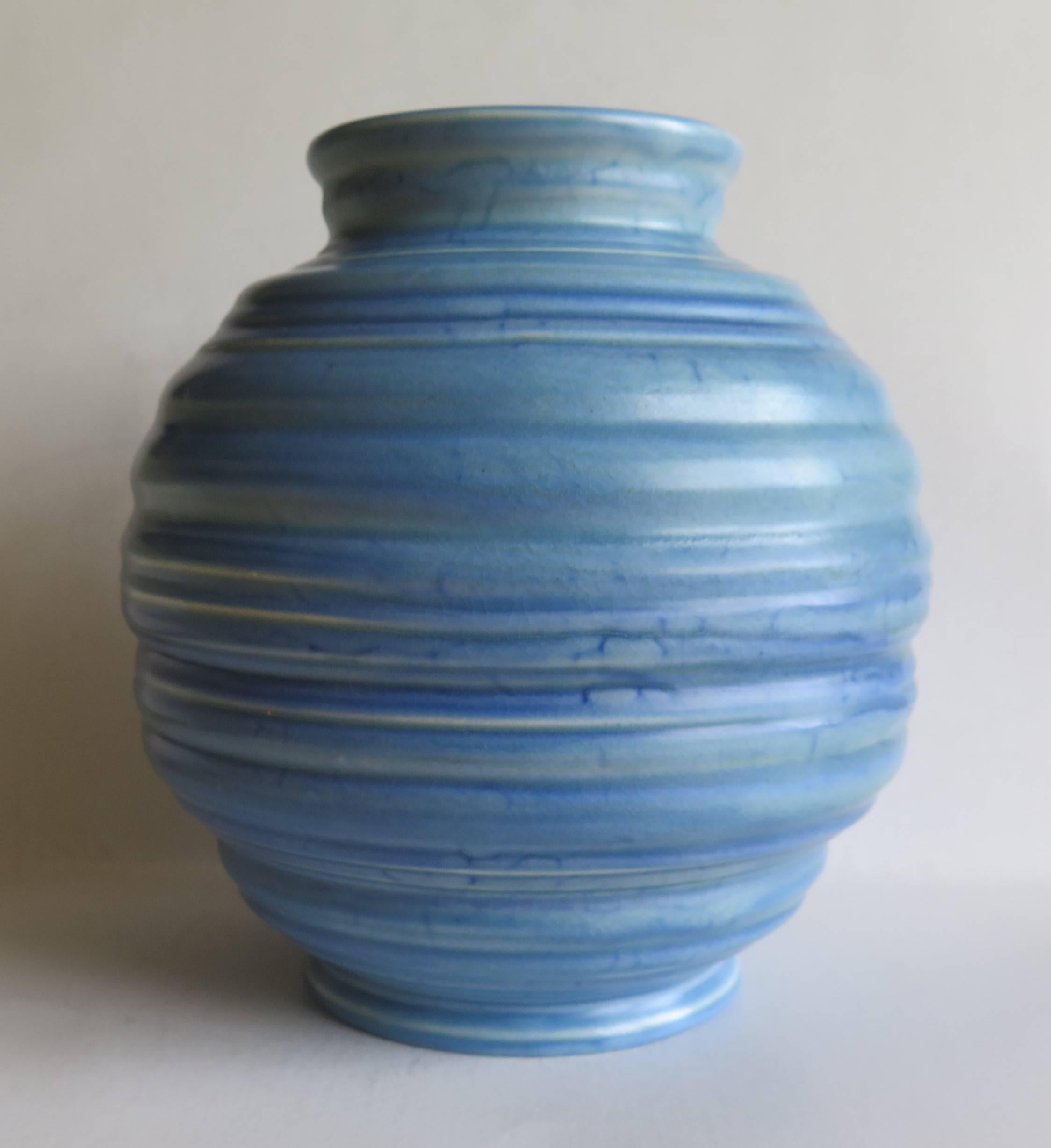 20th Century Art Deco, Carlton Ware, Coiled Spherical Vase, blue Earthenware , circa 1930