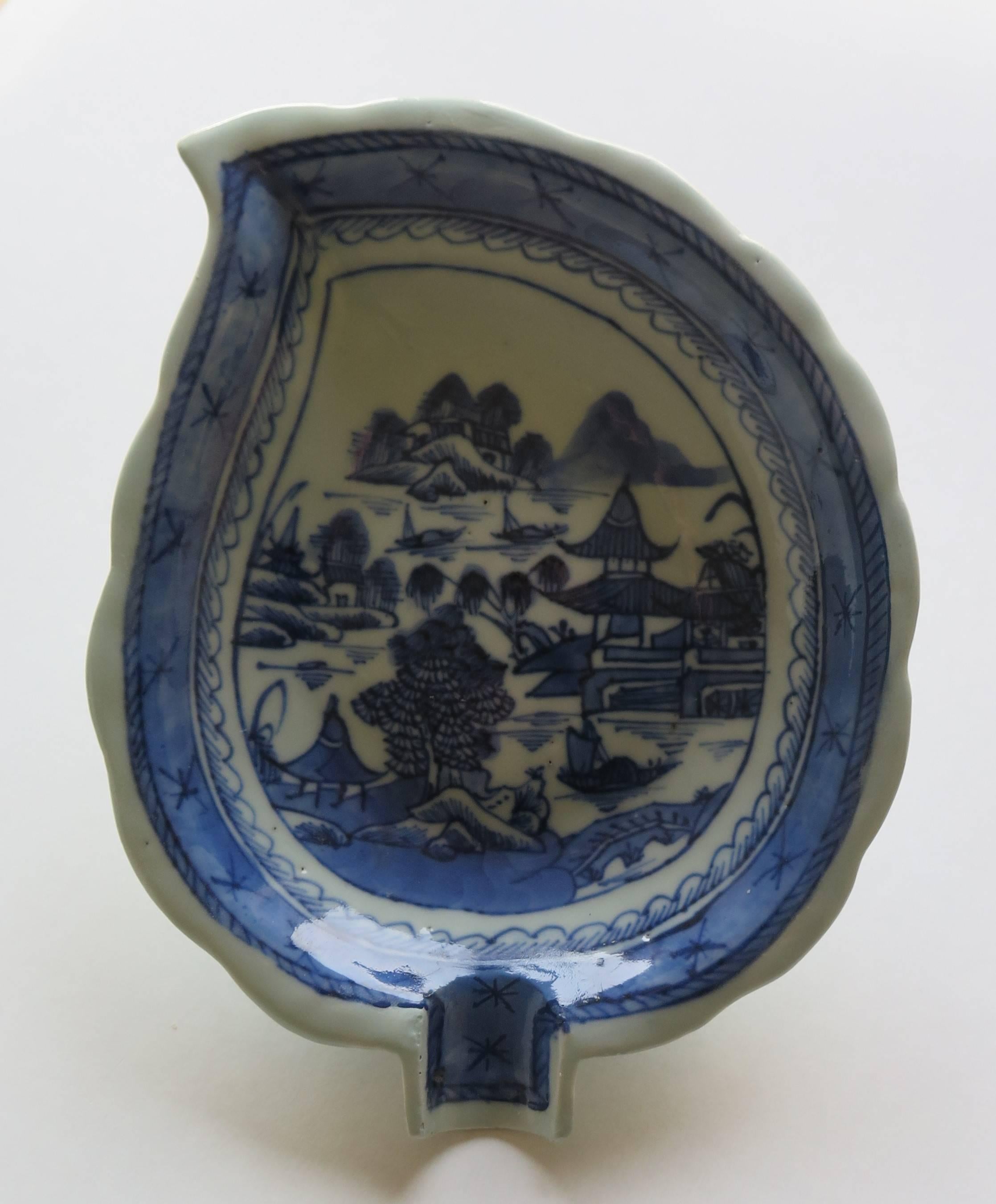 Chinese 19th Century CHINESE Export, LEAF DISH, Canton, Blue and White Porcelain, Qing