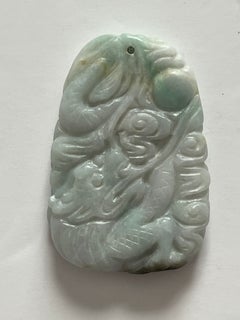 19th Century Chinese Jadeite Nephrite Dragon and Bird Pendant, Hand Carved