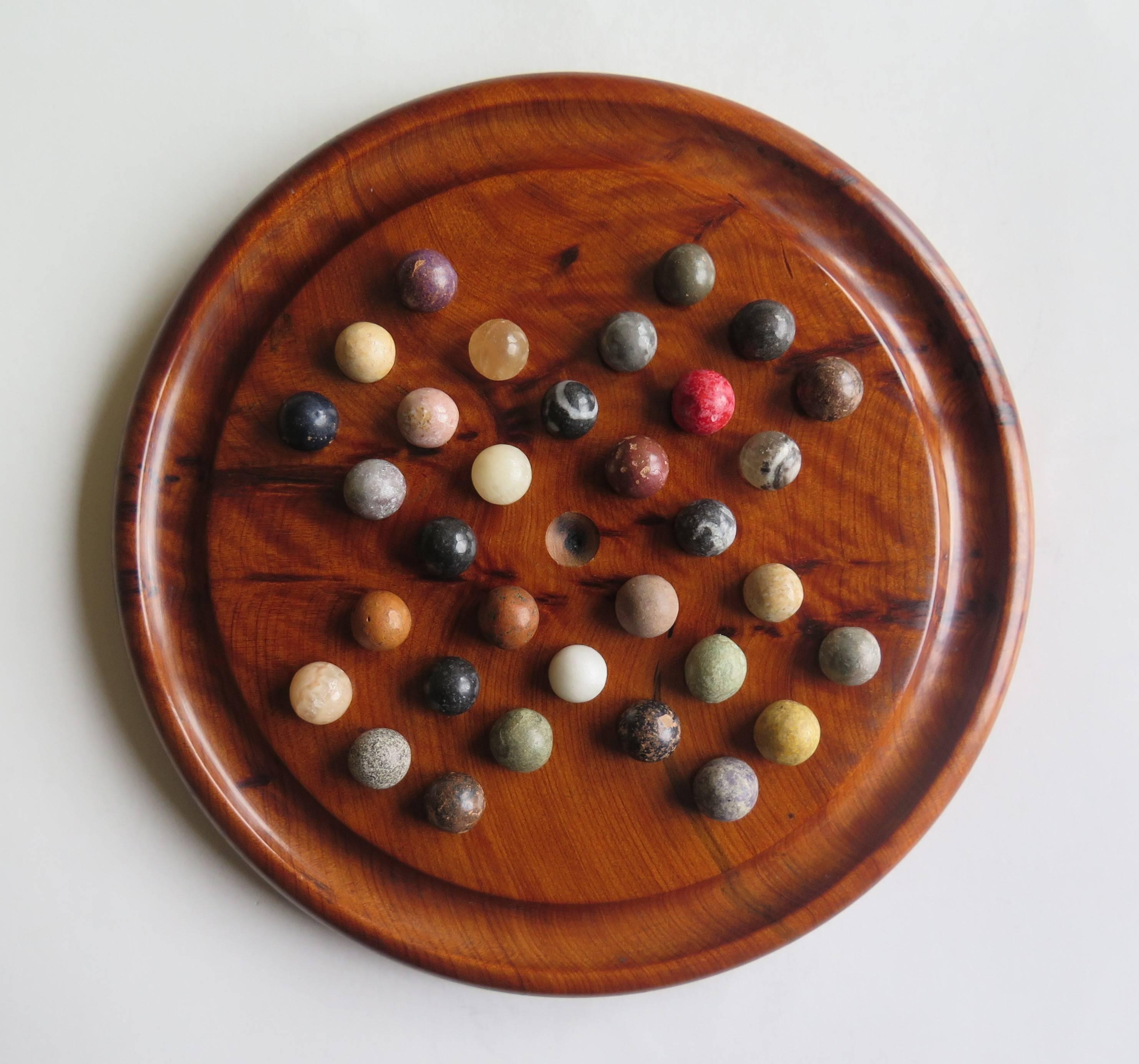 Late Victorian Late 19th Century Solitaire Marble Board Game with 32 Handmade Marbles