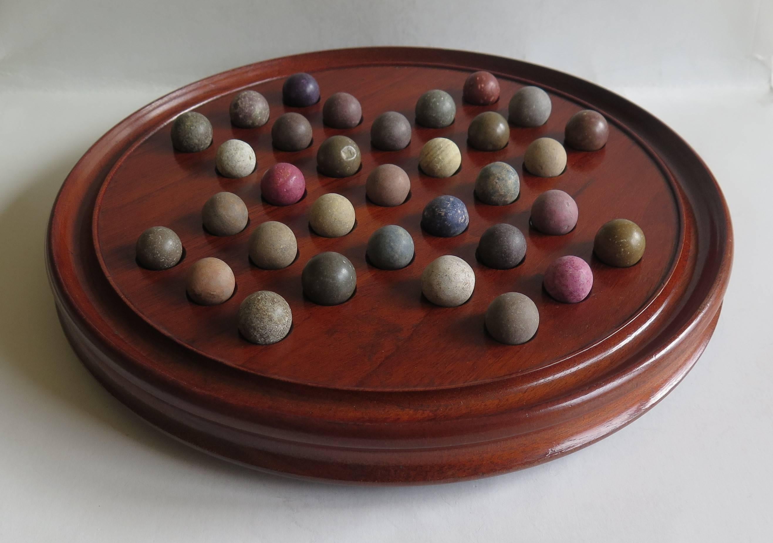 Victorian 19th Century, Table Solitaire Marble Board Game, with 33 Handmade Early Marbles
