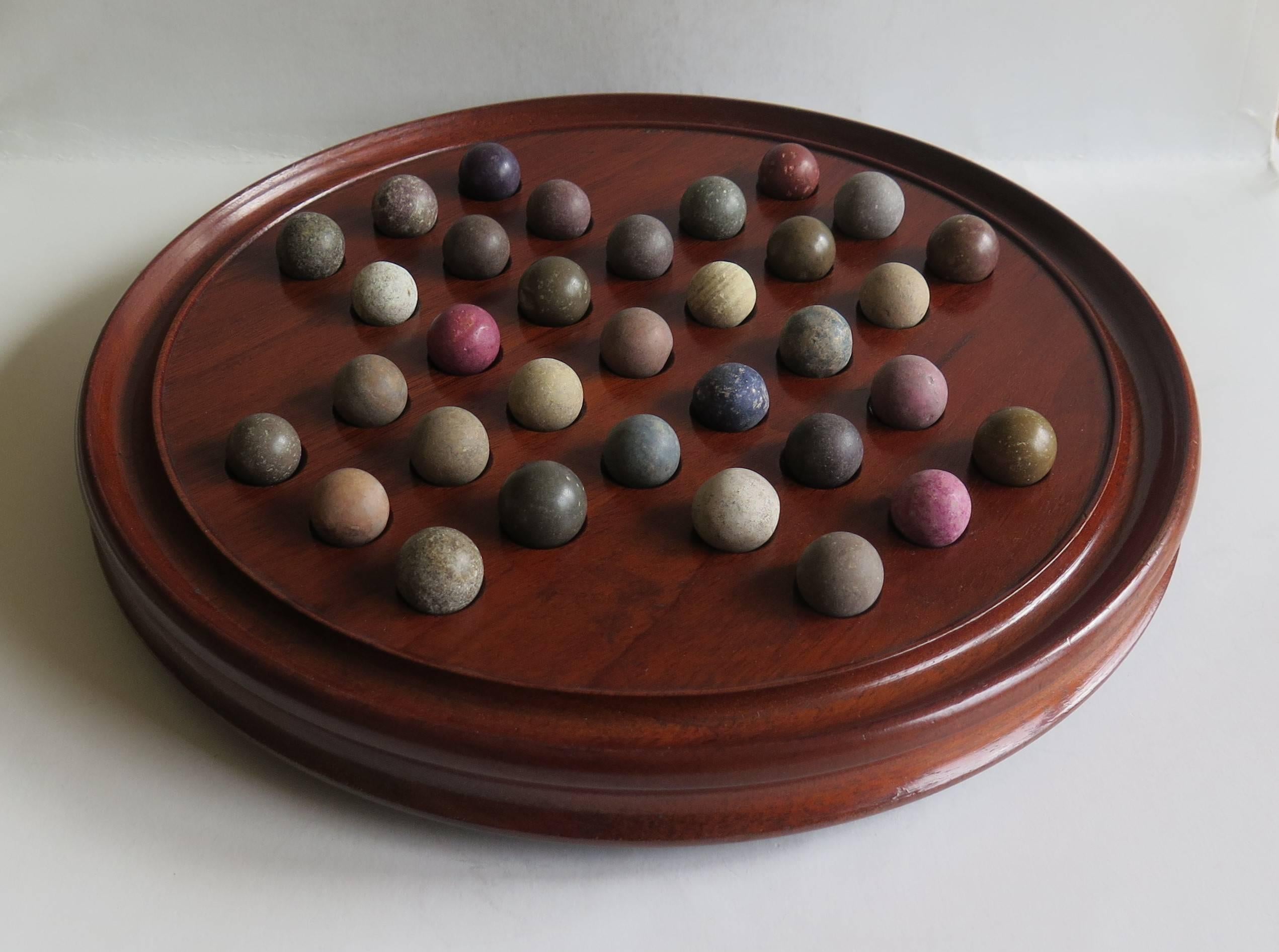 English 19th Century, Table Solitaire Marble Board Game, with 33 Handmade Early Marbles
