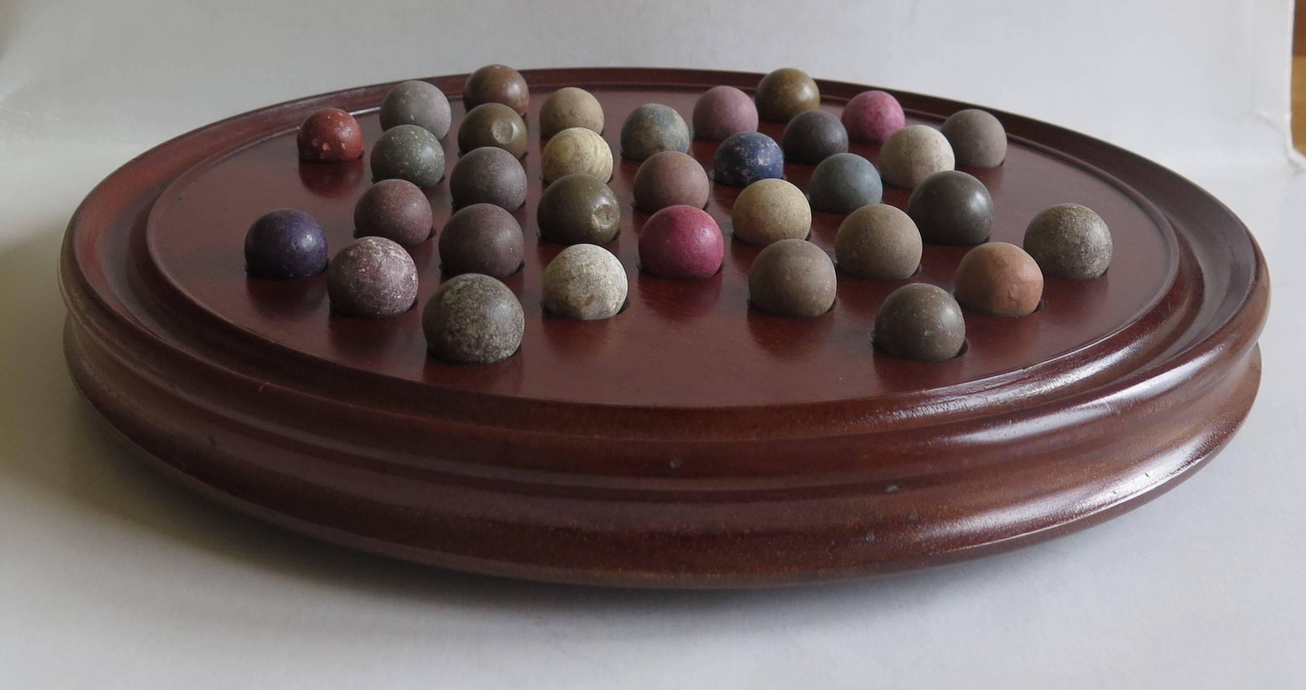 Hand-Crafted 19th Century, Table Solitaire Marble Board Game, with 33 Handmade Early Marbles