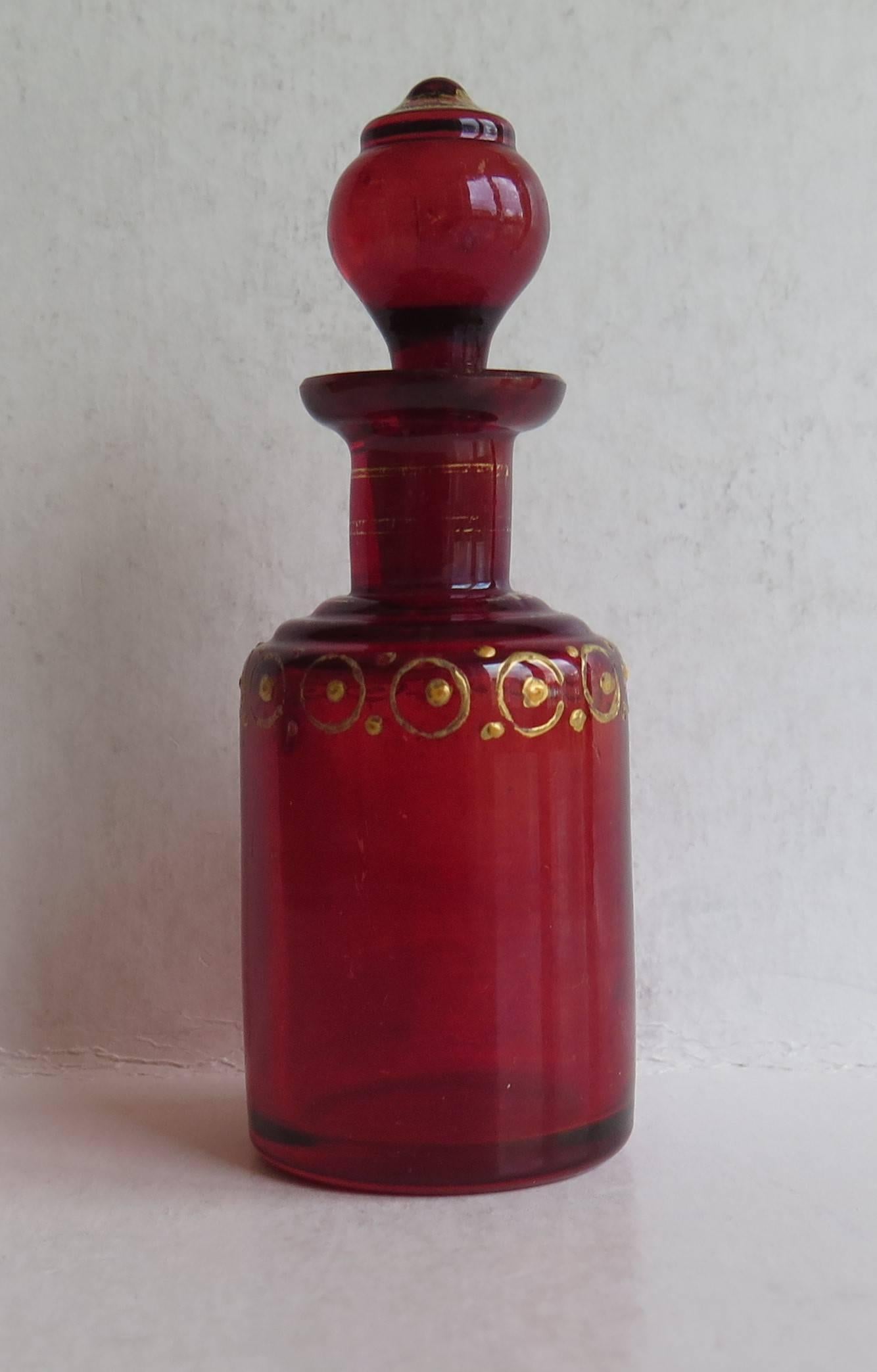 English Victorian Ruby Glass Perfume Bottle with Hand Gilded Decoration, Ca 1870