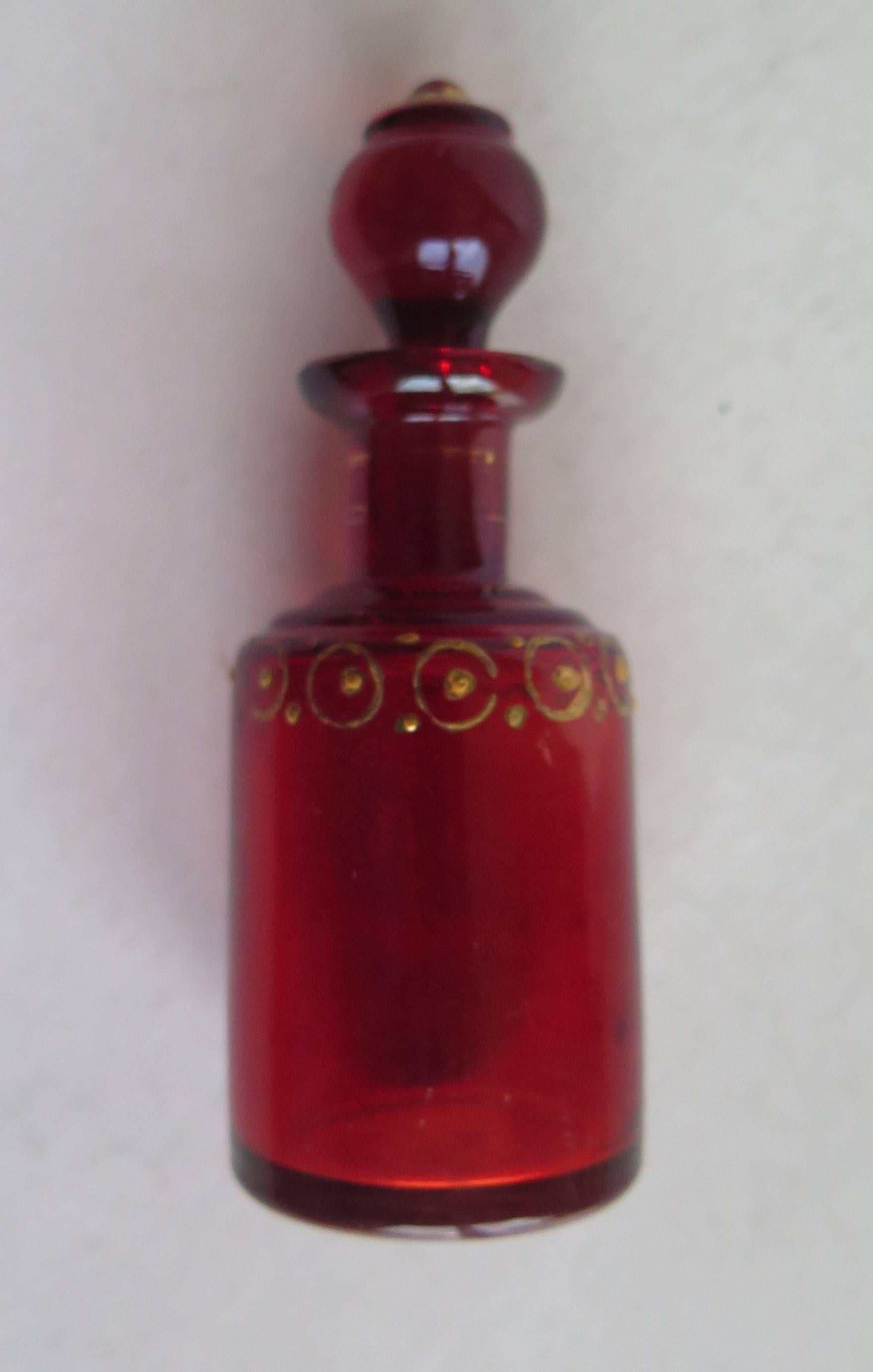 Gilt Victorian Ruby Glass Perfume Bottle with Hand Gilded Decoration, Ca 1870