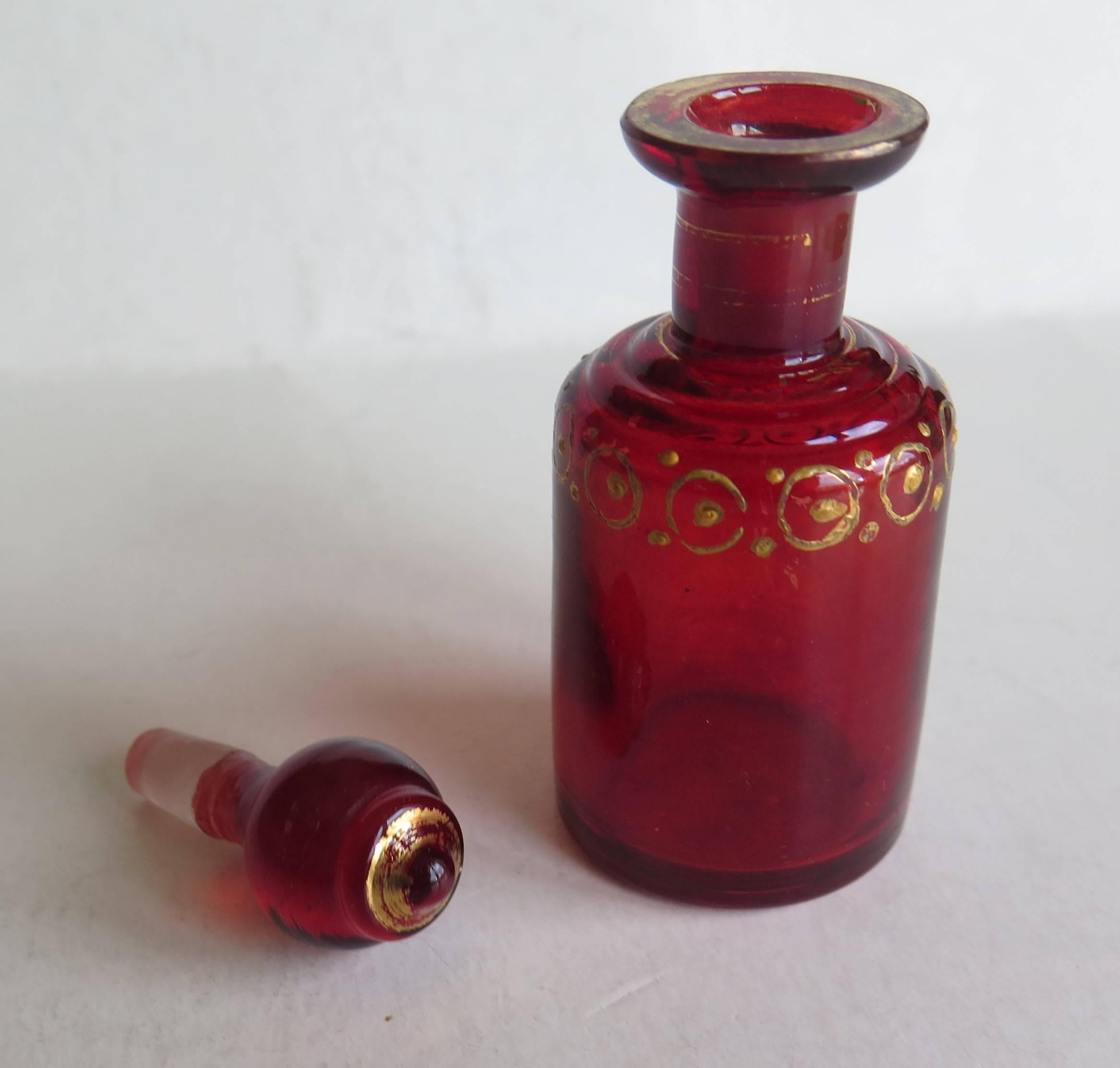 Victorian Ruby Glass Perfume Bottle with Hand Gilded Decoration, Ca 1870 1