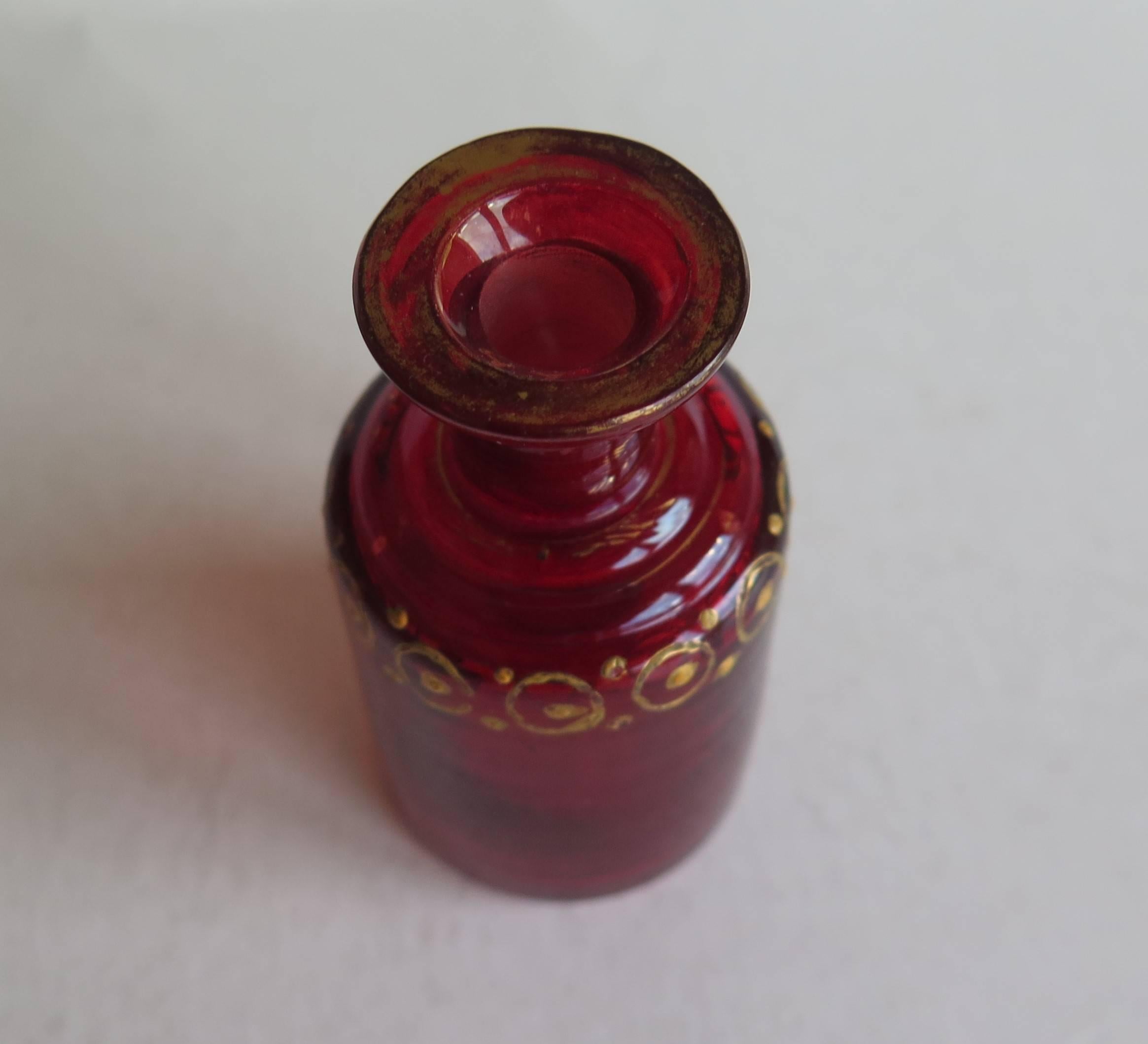 19th Century Victorian Ruby Glass Perfume Bottle with Hand Gilded Decoration, Ca 1870