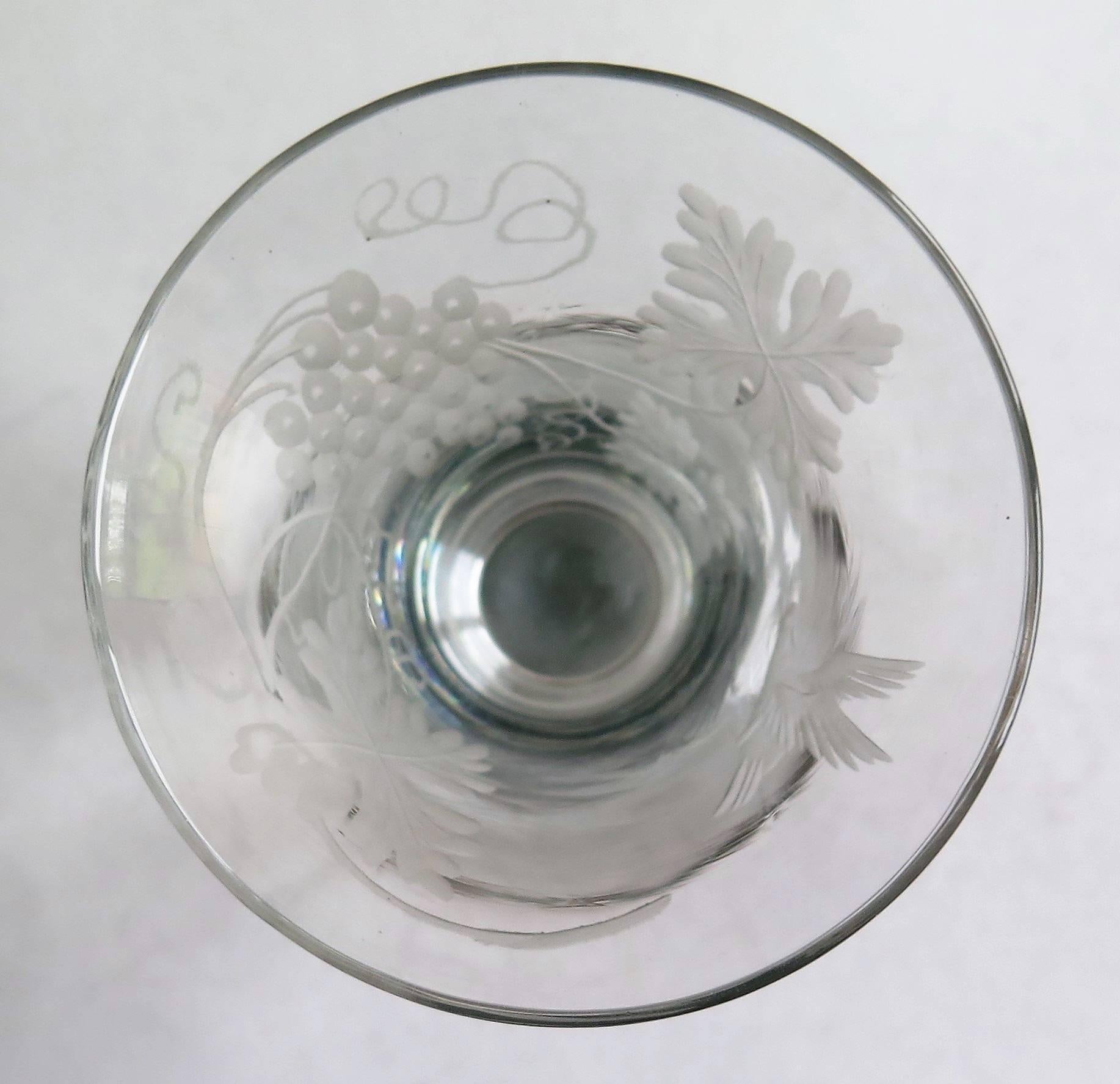 Hand-Crafted George II English Wine Drinking Glass Engraved Bell Bowl Hand Blown, Circa 1745 For Sale
