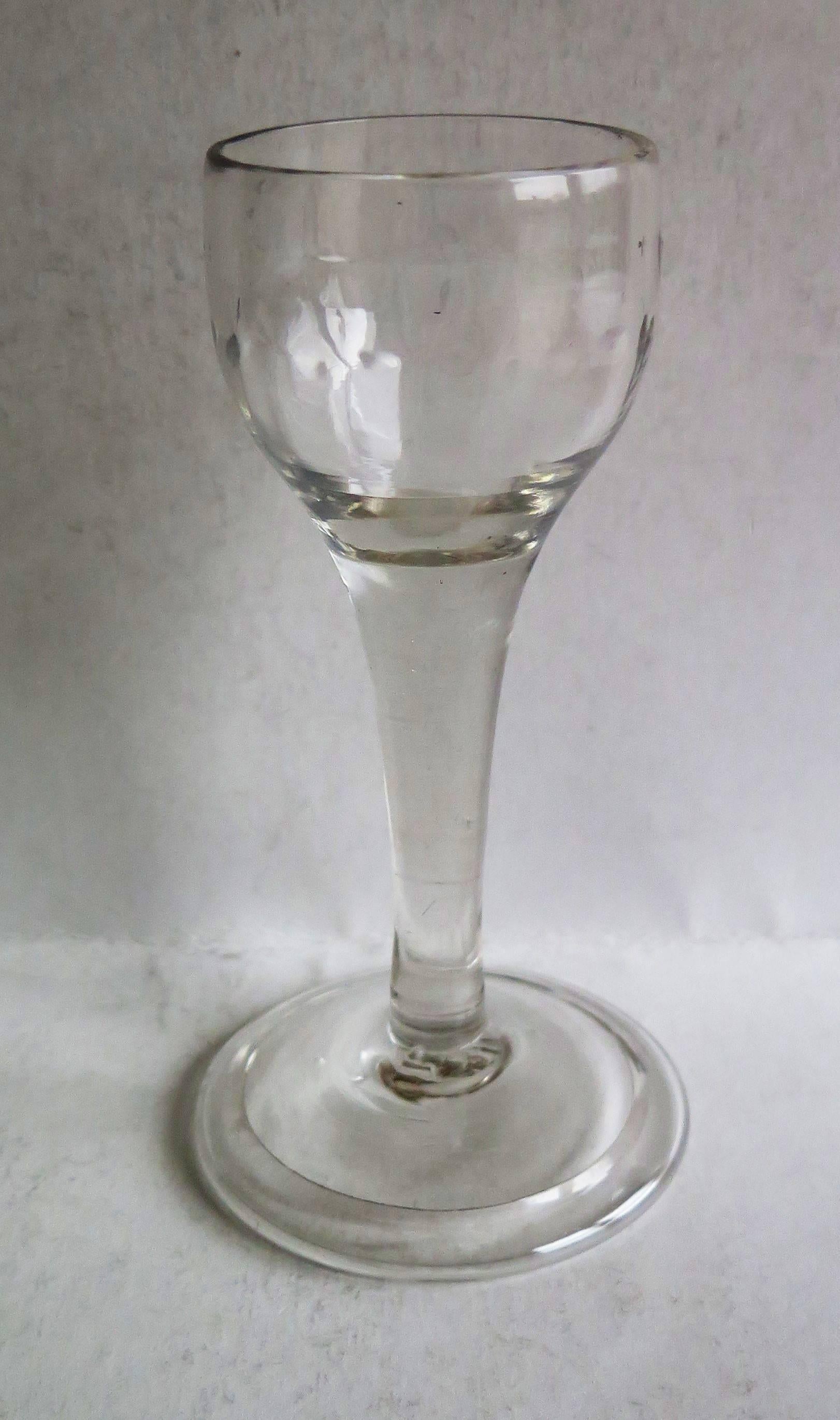 Hand-Crafted George II Cordial Wine Drinking Glass English Fluted Bowl, Hand Blown, Ca 1740