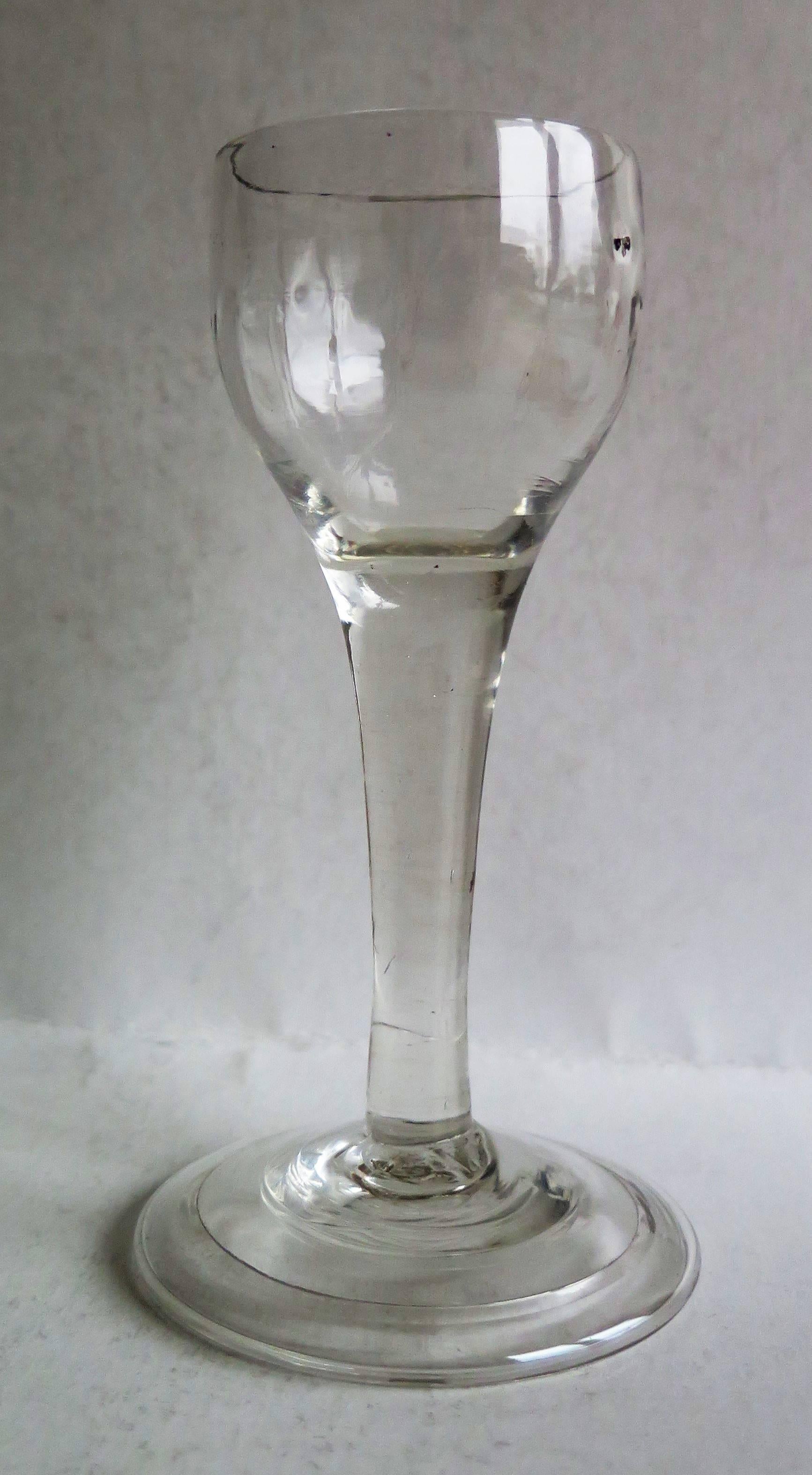 George II Cordial Wine Drinking Glass English Fluted Bowl, Hand Blown, Ca 1740 In Good Condition In Lincoln, Lincolnshire