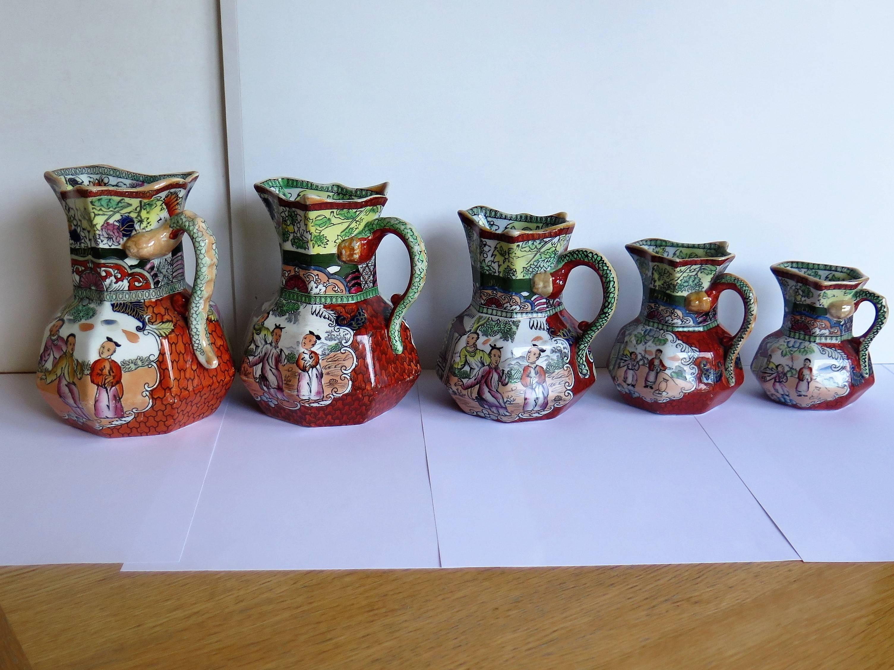 Chinoiserie Rare Set of Five Mason's Ironstone Jugs or Pitchers, Red Scale Pattern, ca 1840