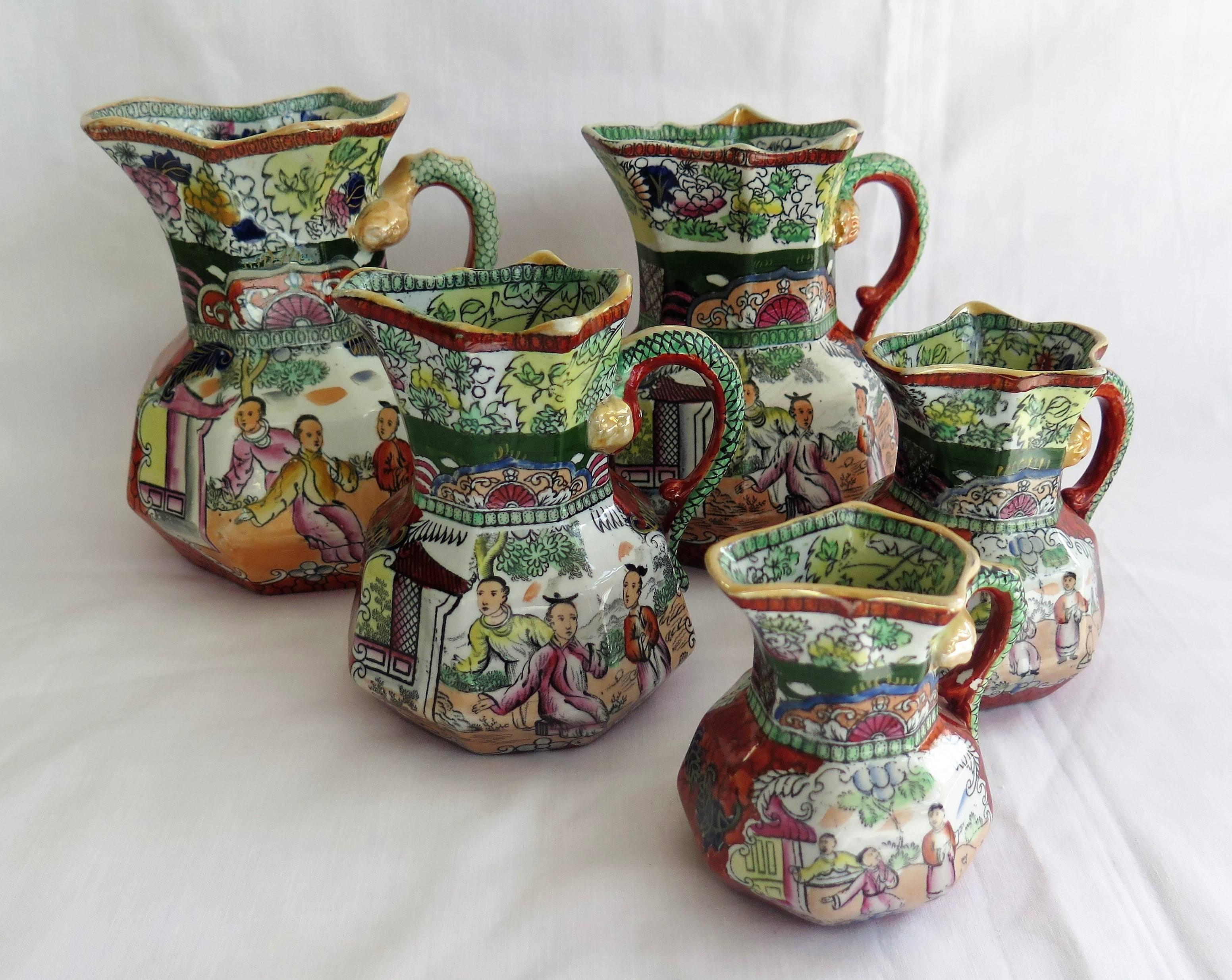 Rare Set of Five Mason's Ironstone Jugs or Pitchers, Red Scale Pattern, ca 1840 In Good Condition In Lincoln, Lincolnshire