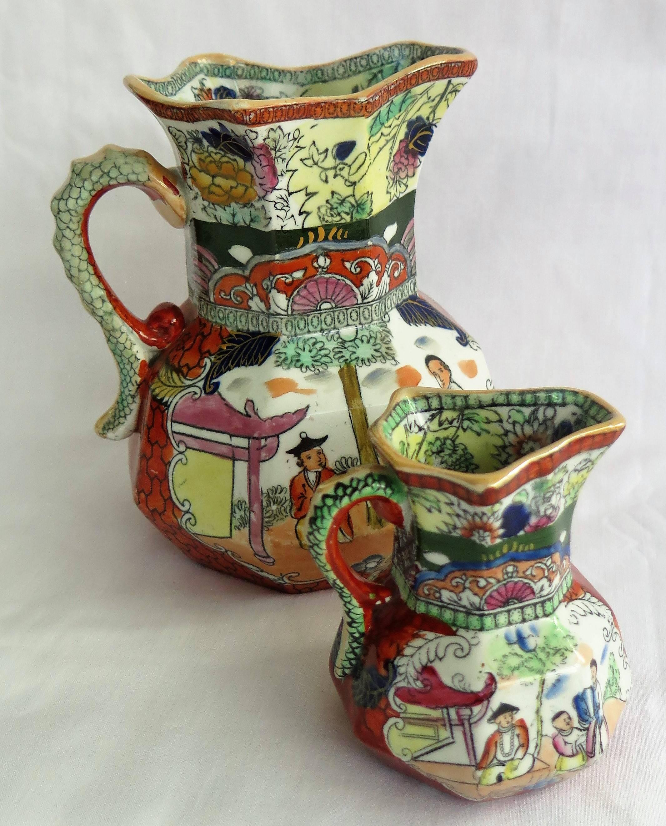 Pottery Rare Set of Five Mason's Ironstone Jugs or Pitchers, Red Scale Pattern, ca 1840