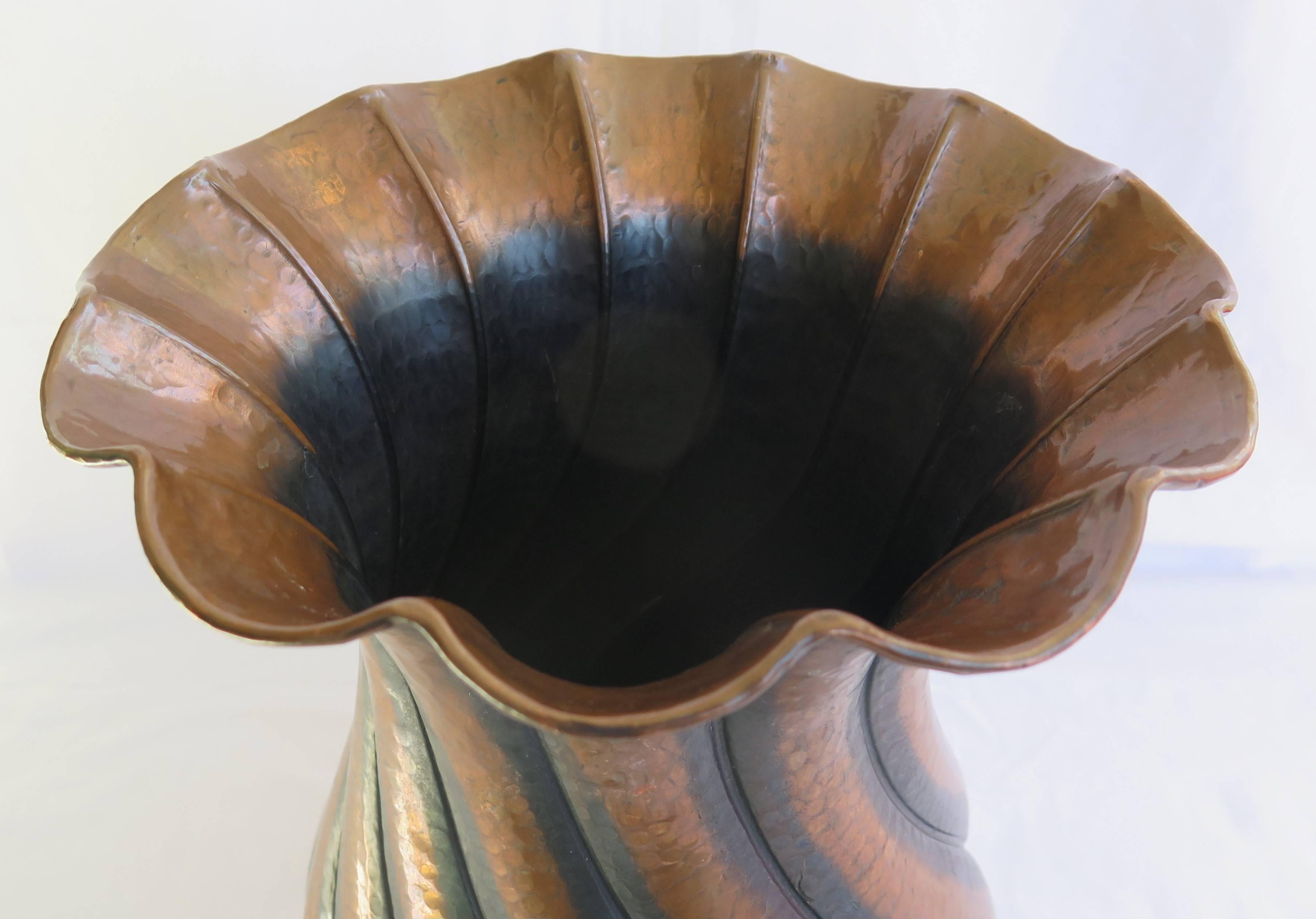 Italian Large, Egidio Casagrande Vase, Hammered Copper, Twist Fluted, Italy, circa 1930