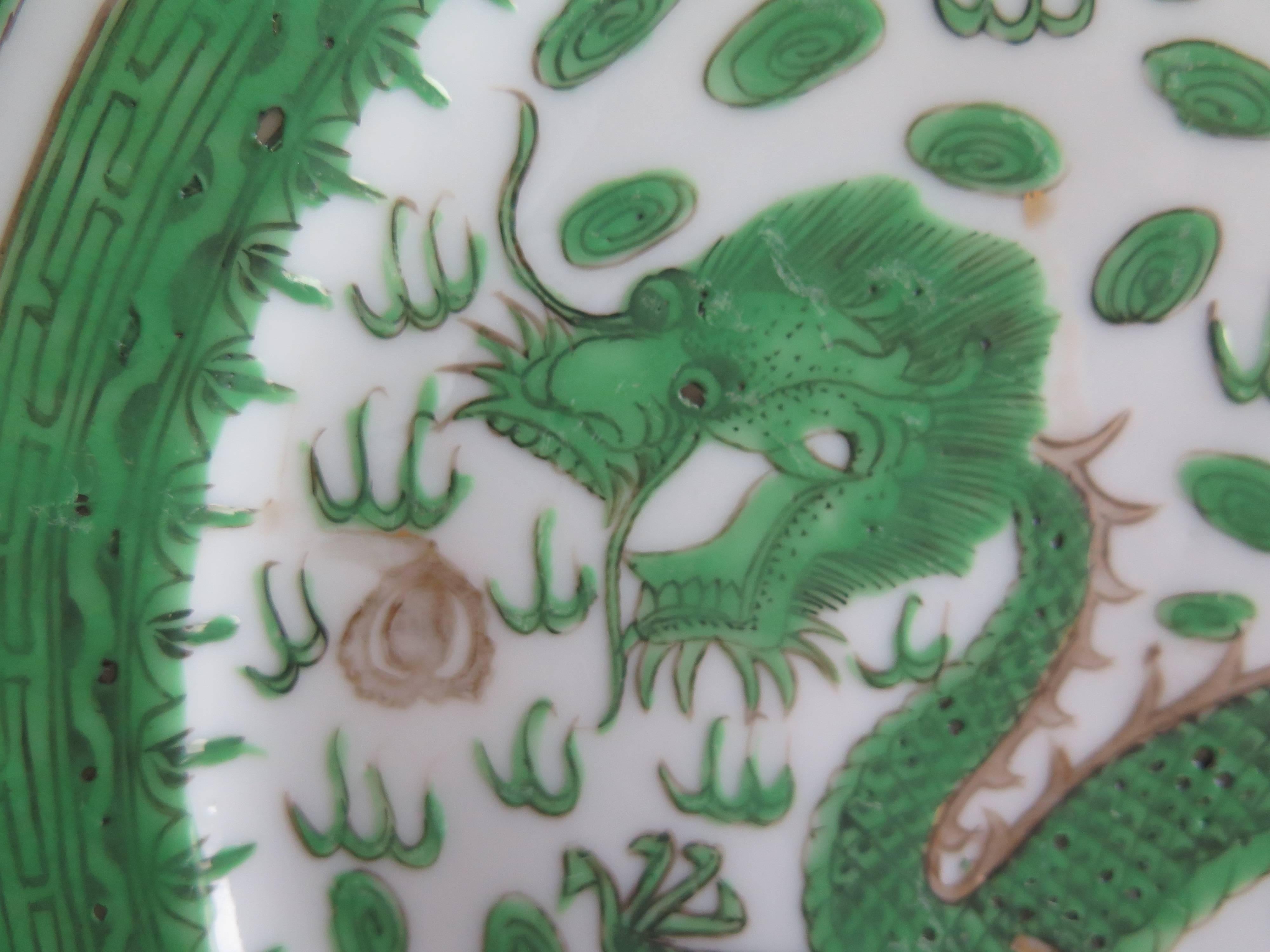 Hand-Painted 19th Century Chinese Famille Verte Plate, Polychrome Enamel Dragon, Qing
