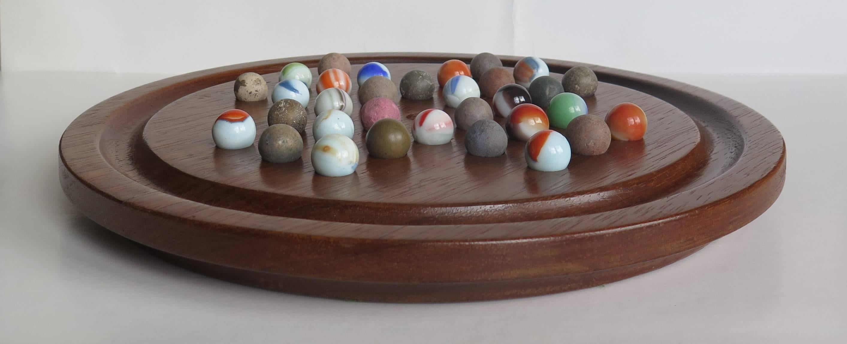 Late Victorian 19th Century Table Marble Solitaire Board Game, Early Handmade Marbles