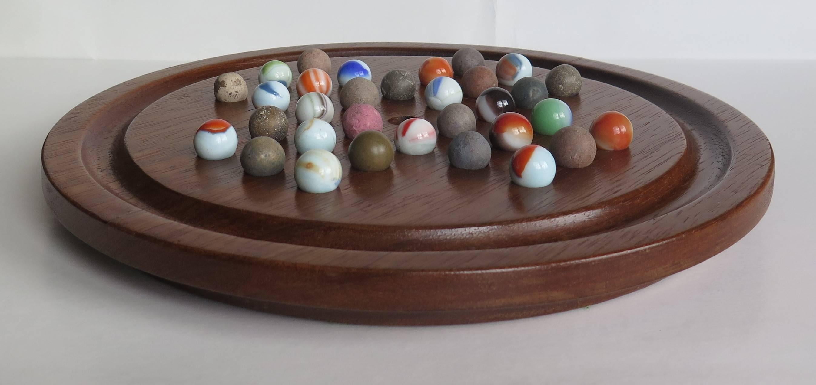 English 19th Century Table Marble Solitaire Board Game, Early Handmade Marbles