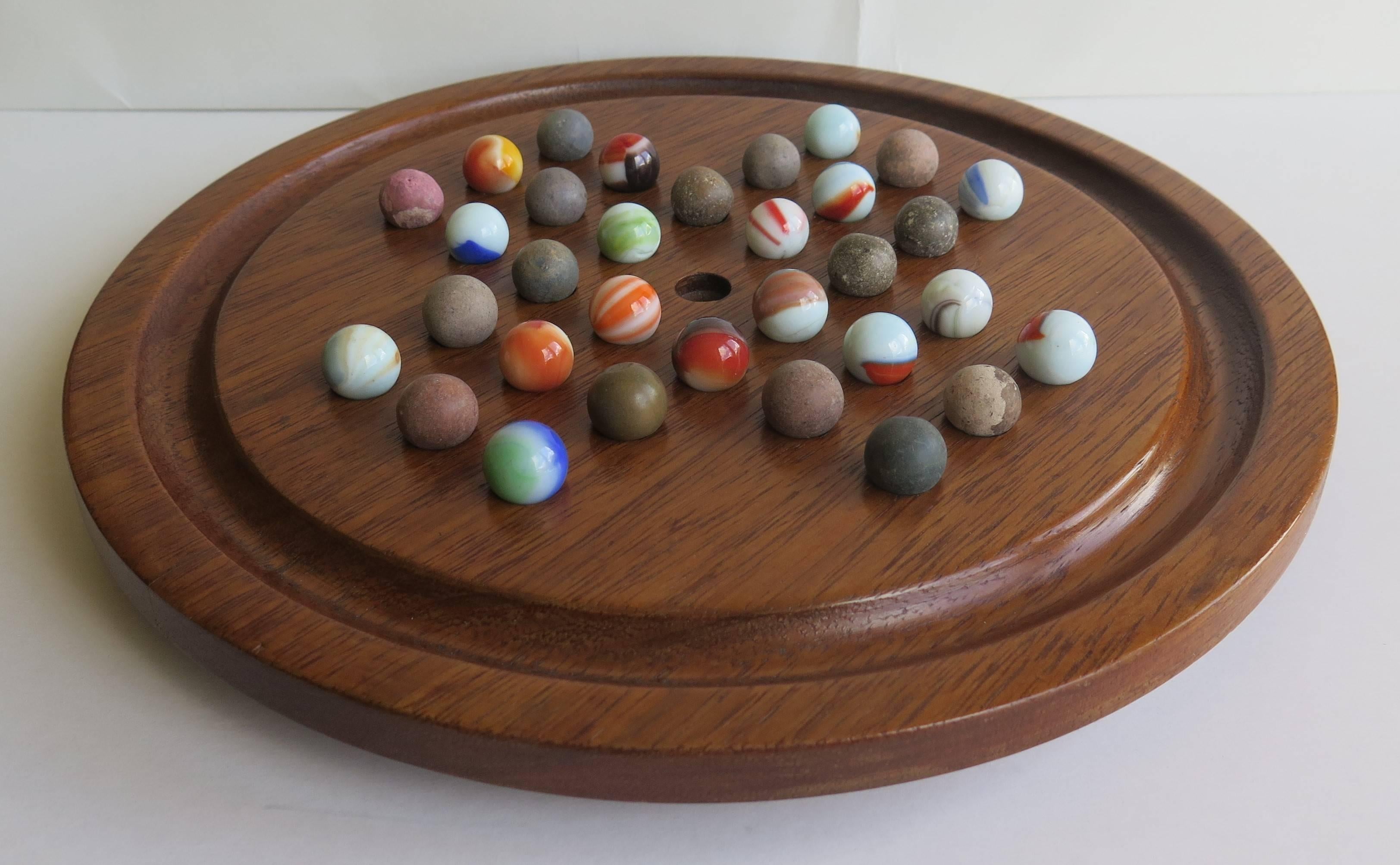 19th Century Table Marble Solitaire Board Game, Early Handmade Marbles In Excellent Condition In Lincoln, Lincolnshire